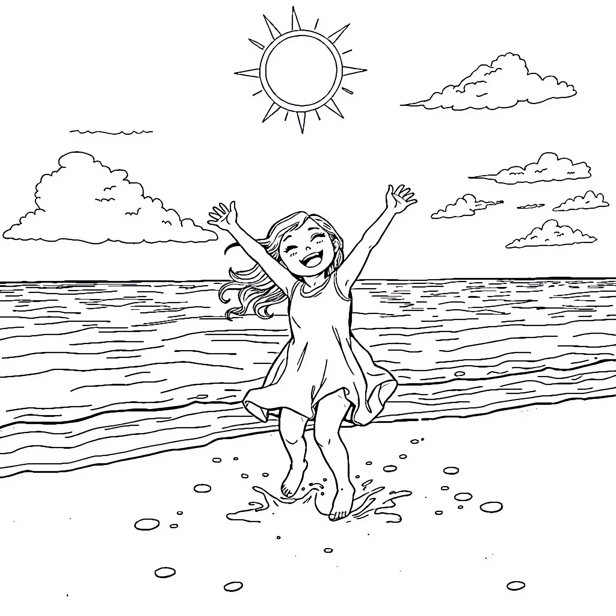 Girl Joyfully Splashing in the Waves on the Beach Coloring Page (free black-and-white line drawing printable PDF for all, from beginners to advanced learners, including children, teens, adults, and seniors)