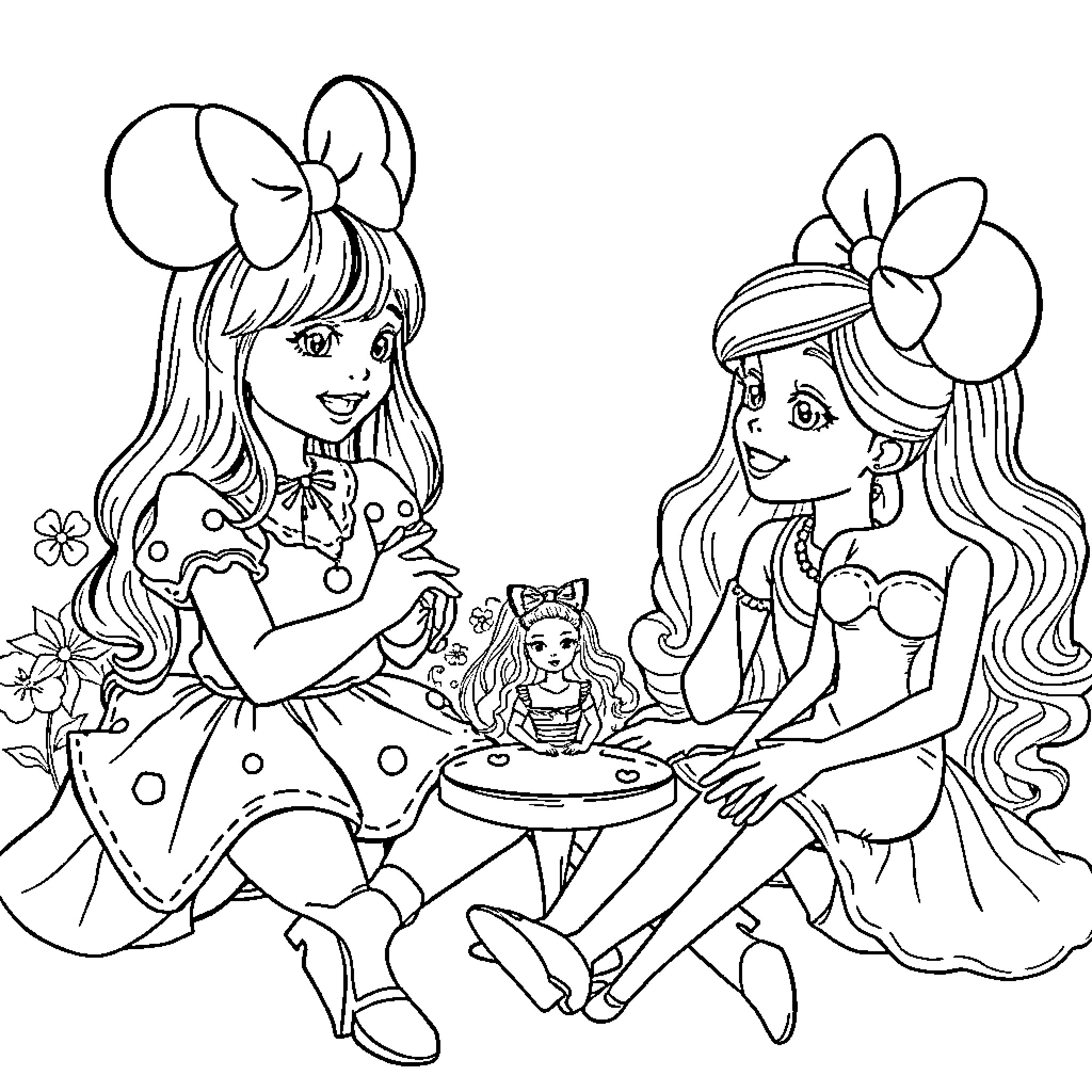 Mouse Sisters Enjoying Tea Party in Garden Coloring Page (free black-and-white line drawing printable PDF for all, from beginners to advanced learners, including children, teens, adults, and seniors)