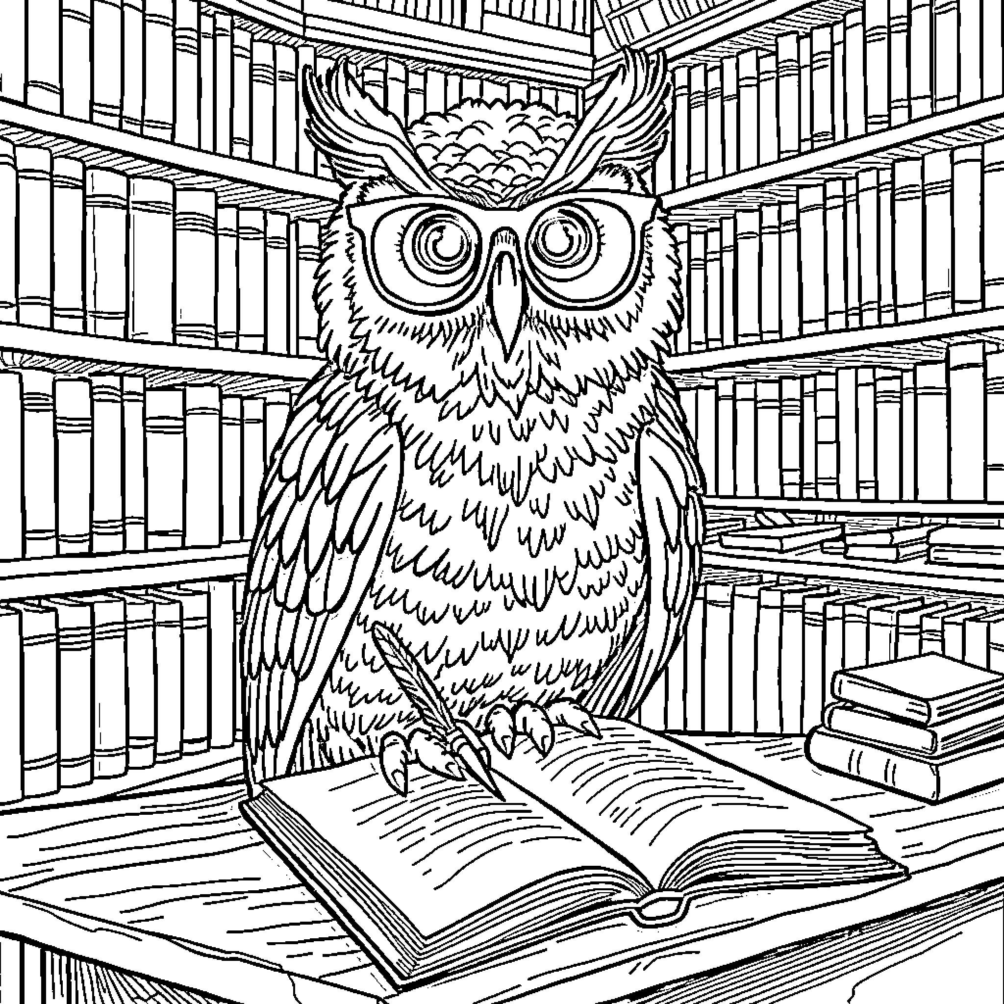 Owl reading a book in a library Coloring Page (free black-and-white line drawing printable PDF for all, from beginners to advanced learners, including children, teens, adults, and seniors)
