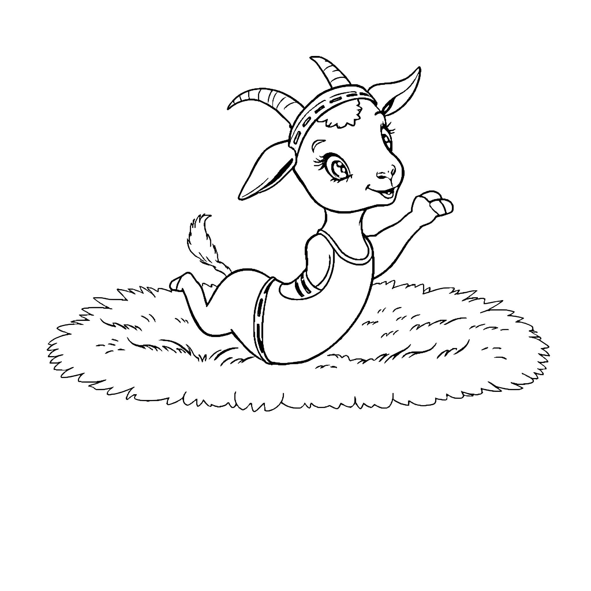Goat sitting cheerfully on the grass Coloring Page (free black-and-white line drawing printable PDF for all, from beginners to advanced learners, including children, teens, adults, and seniors)