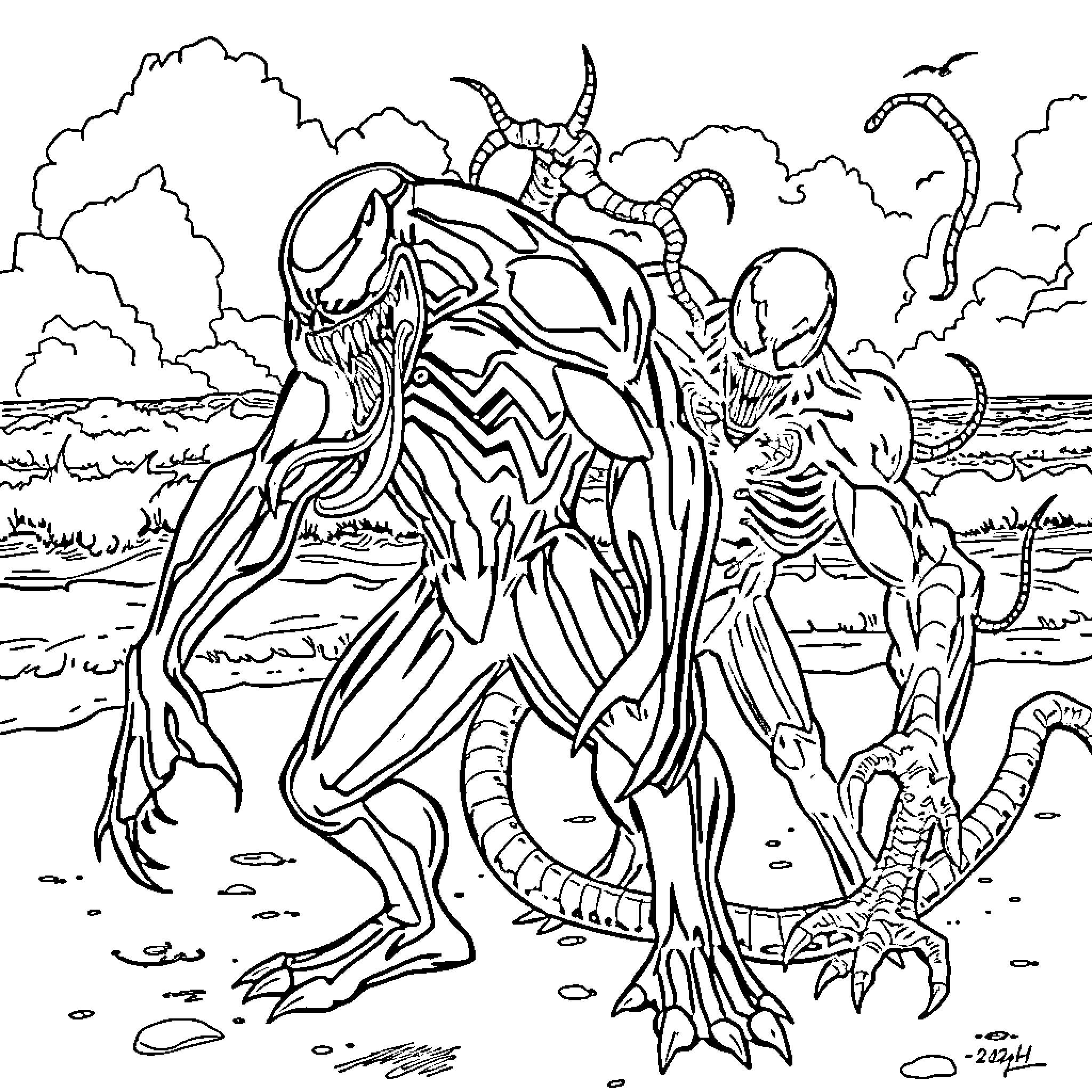 Venom Duo: Symbiotic Encounter in Alien Terrain Coloring Page (free black-and-white line drawing printable PDF for all, from beginners to advanced learners, including children, teens, adults, and seniors)