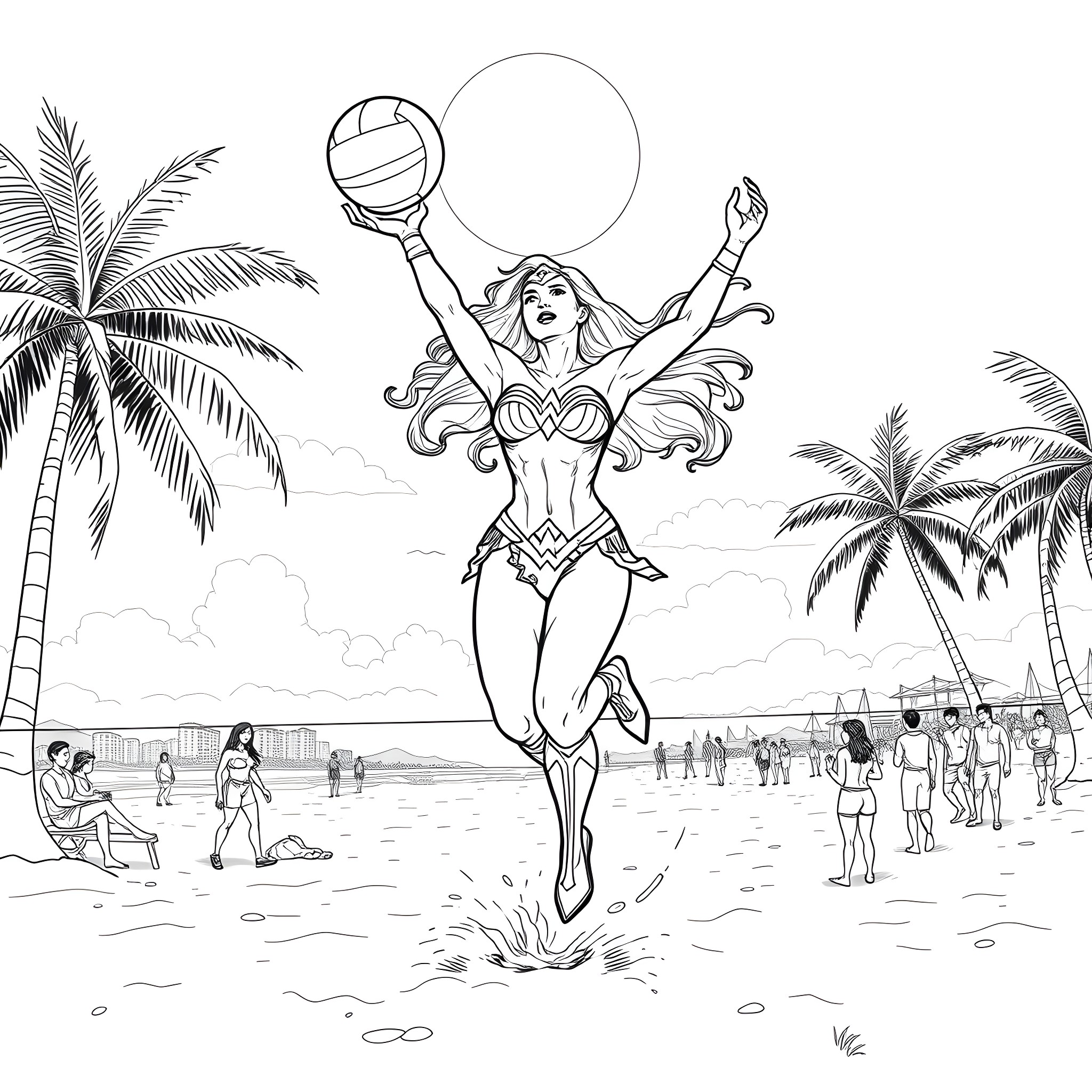 Wonder Woman playing volleyball on the beach Coloring Page (free black-and-white line drawing printable PDF for all, from beginners to advanced learners, including children, teens, adults, and seniors)