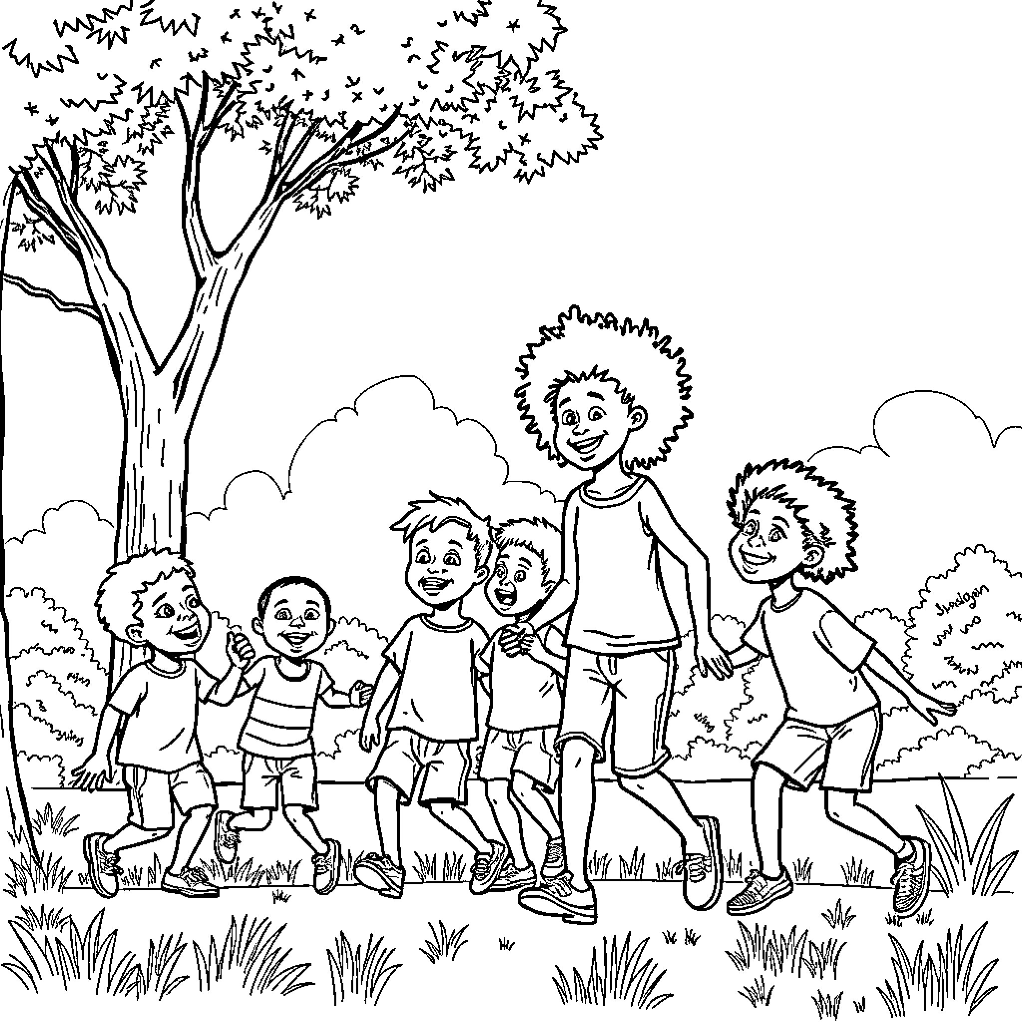 Child friends playing happily in the park Coloring Page (free black-and-white line drawing printable PDF for all, from beginners to advanced learners, including children, teens, adults, and seniors)