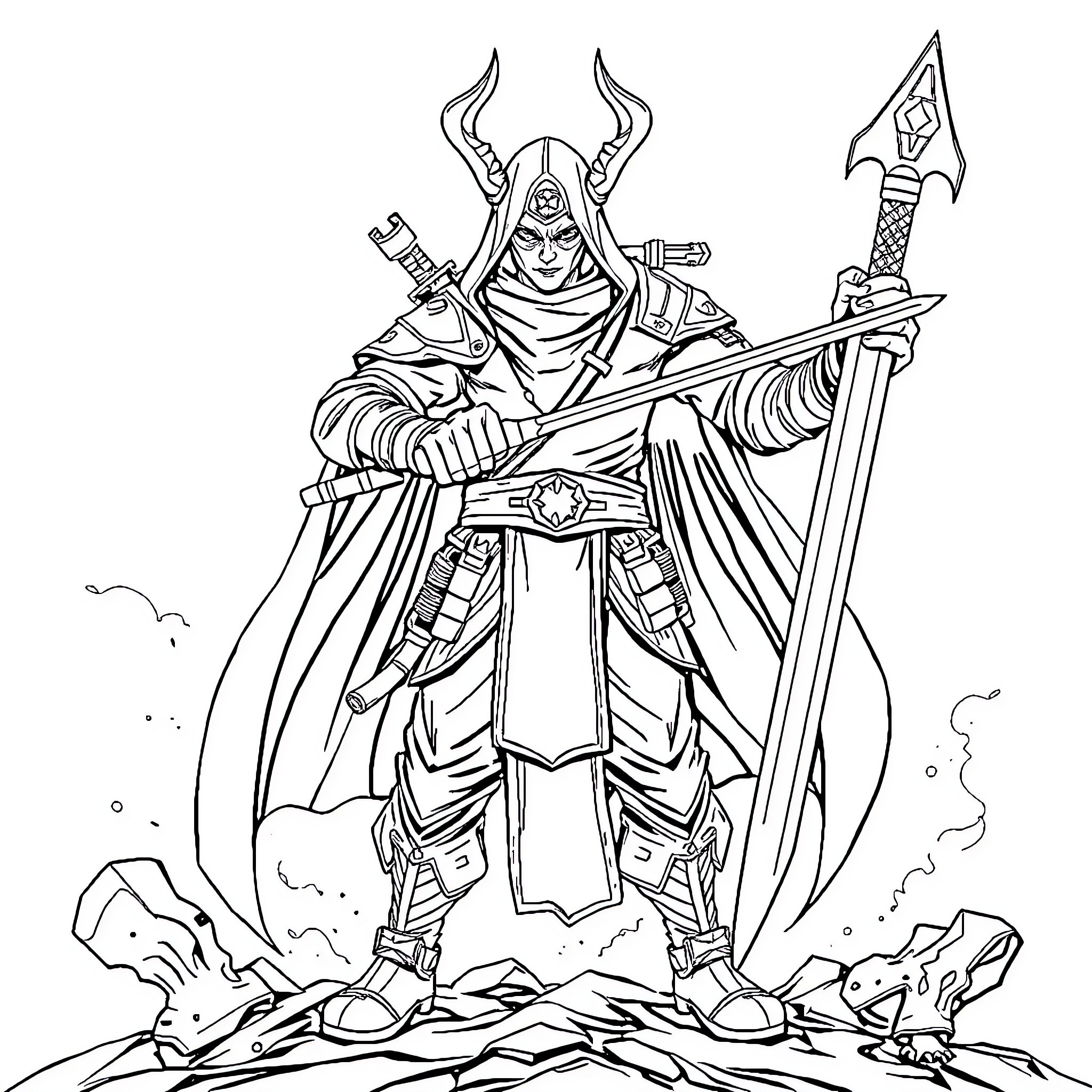 Rumi, the Mighty Warrior with Powerful Weapons Coloring Page (free black-and-white line drawing printable PDF for all, from beginners to advanced learners, including children, teens, adults, and seniors)