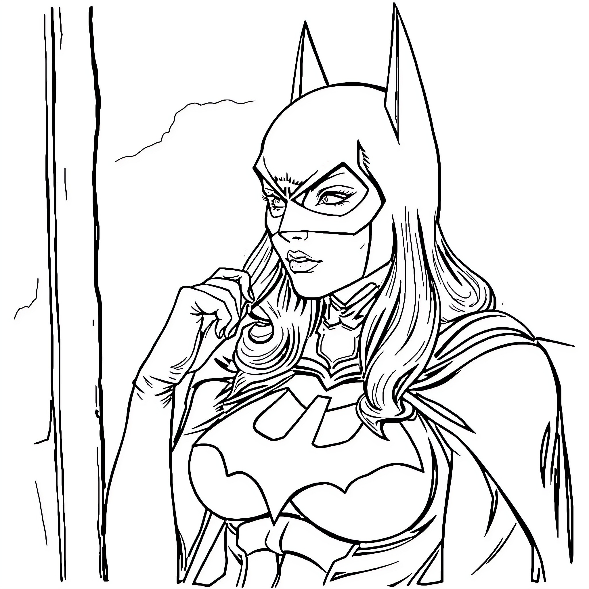 Batgirl in a contemplative pose Coloring Page (free black-and-white line drawing printable PDF for all, from beginners to advanced learners, including children, teens, adults, and seniors)