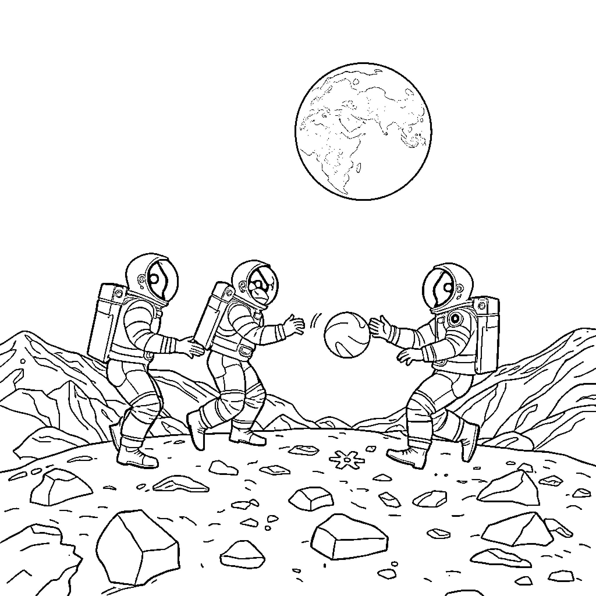 Astronauts exploring the surface of the moon Coloring Page (free black-and-white line drawing printable PDF for all, from beginners to advanced learners, including children, teens, adults, and seniors)