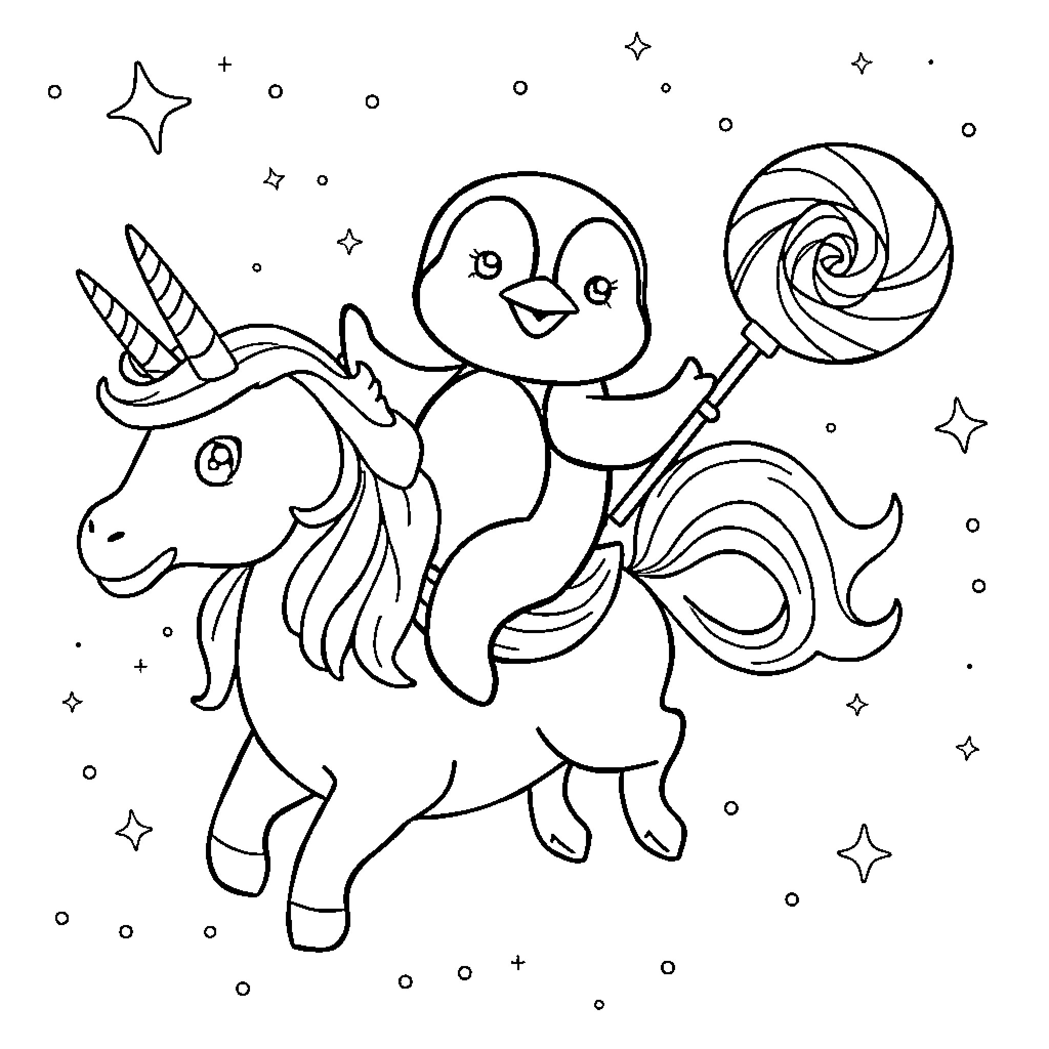 Penguin riding a magical unicorn with lollipop Coloring Page (free black-and-white line drawing printable PDF for all, from beginners to advanced learners, including children, teens, adults, and seniors)
