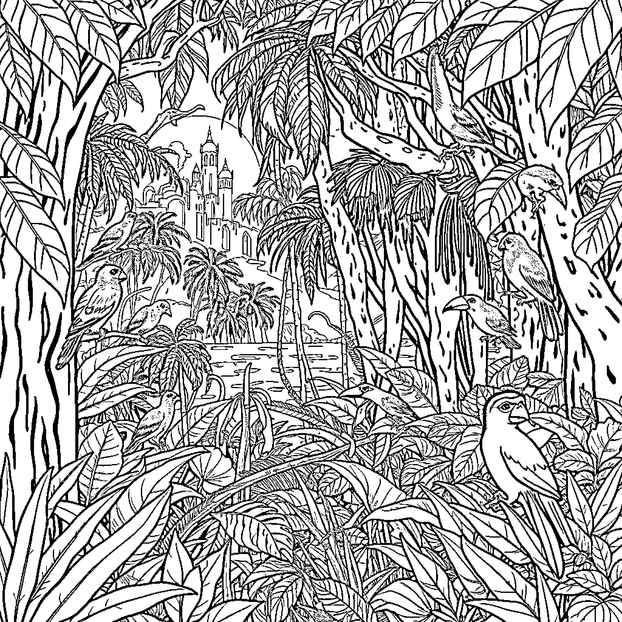Animal adventure in the lush tropical jungle Coloring Page (free black-and-white line drawing printable PDF for all, from beginners to advanced learners, including children, teens, adults, and seniors)