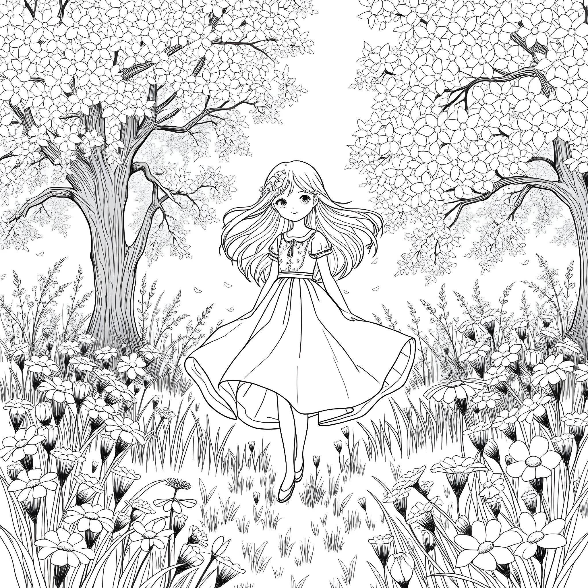 Girl in a magical floral meadow Coloring Page (free black-and-white line drawing printable PDF for all, from beginners to advanced learners, including children, teens, adults, and seniors)