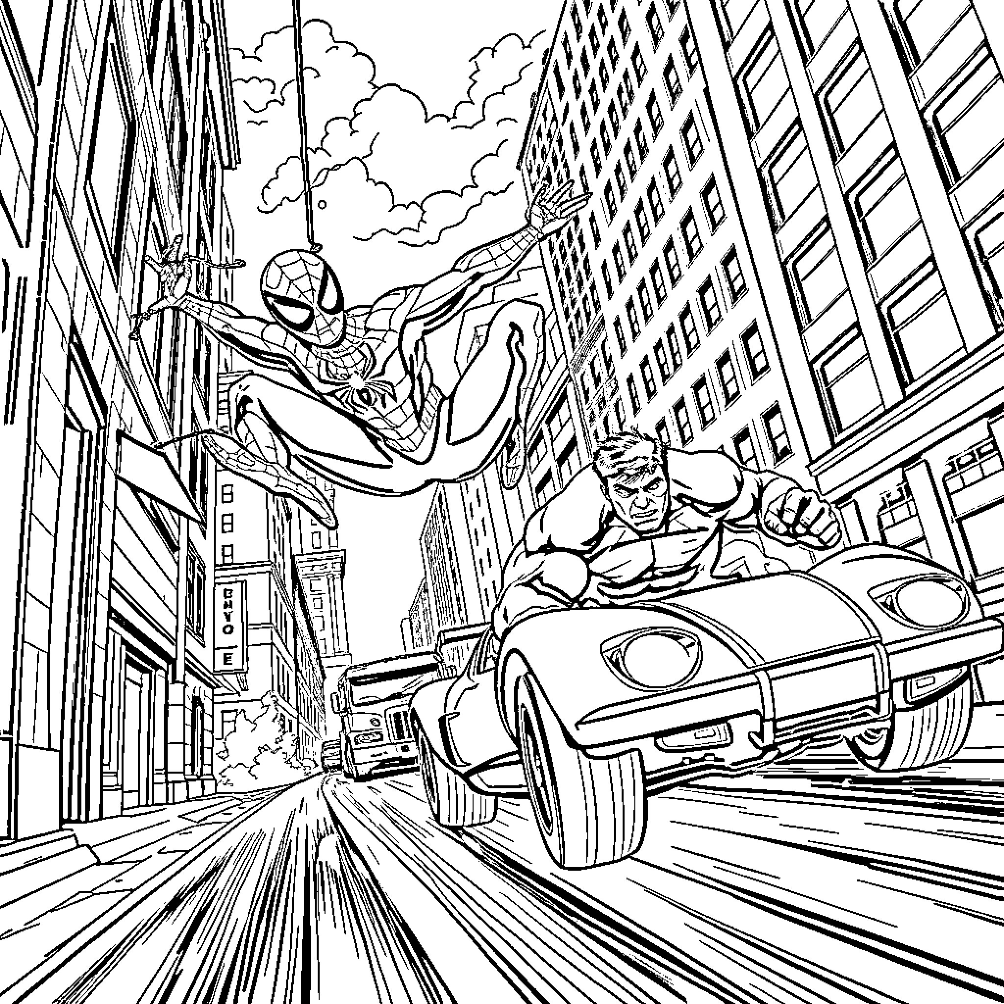 Spider-Man chasing a speeding car down the city streets Coloring Page (free black-and-white line drawing printable PDF for all, from beginners to advanced learners, including children, teens, adults, and seniors)