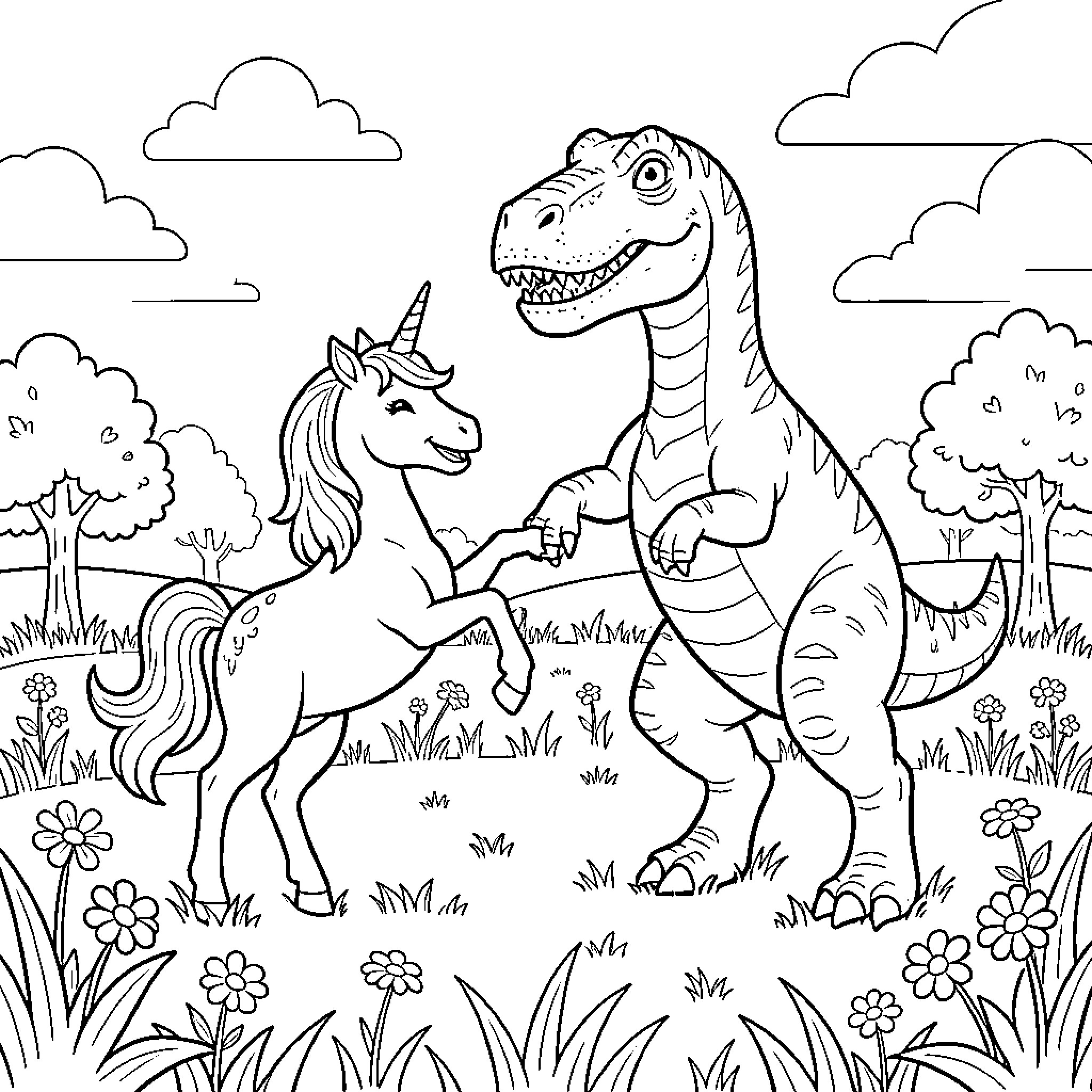 Unicorn and dinosaur interacting in a flowery field Coloring Page (free black-and-white line drawing printable PDF for all, from beginners to advanced learners, including children, teens, adults, and seniors)