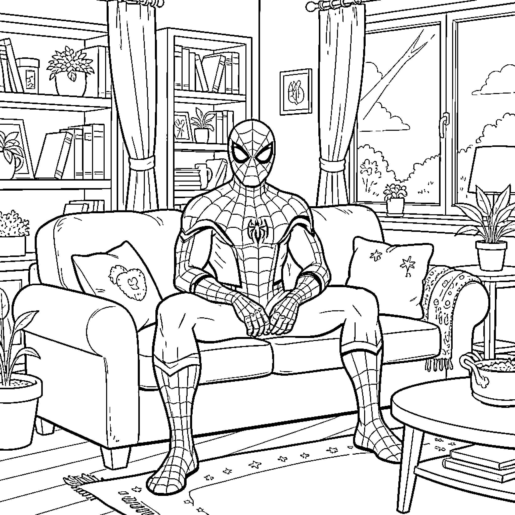 Spiderman sitting relaxed on a living room sofa Coloring Page (free black-and-white line drawing printable PDF for all, from beginners to advanced learners, including children, teens, adults, and seniors)