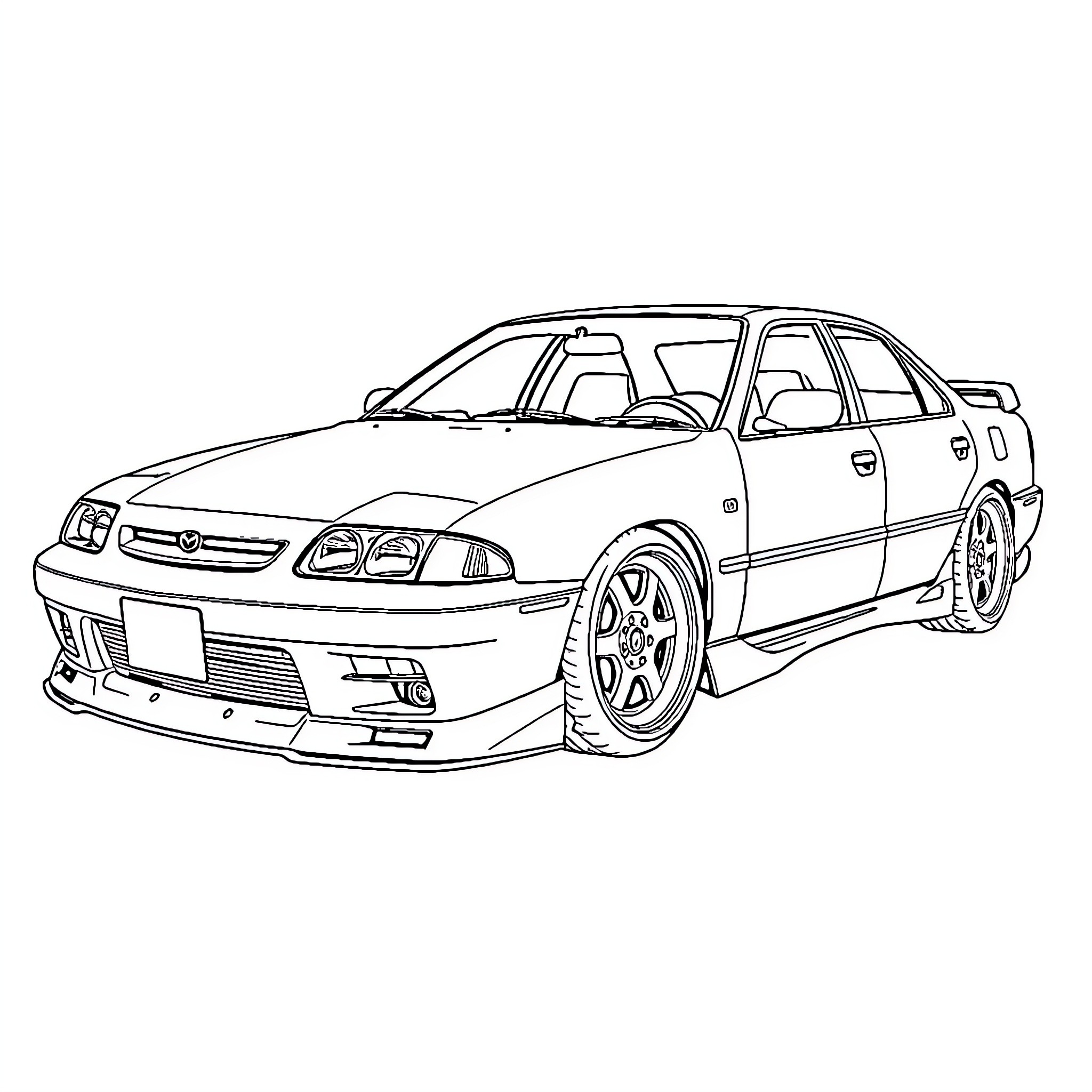 Mazda Sports Sedan with Customized Accessories Coloring Page (free black-and-white line drawing printable PDF for all, from beginners to advanced learners, including children, teens, adults, and seniors)