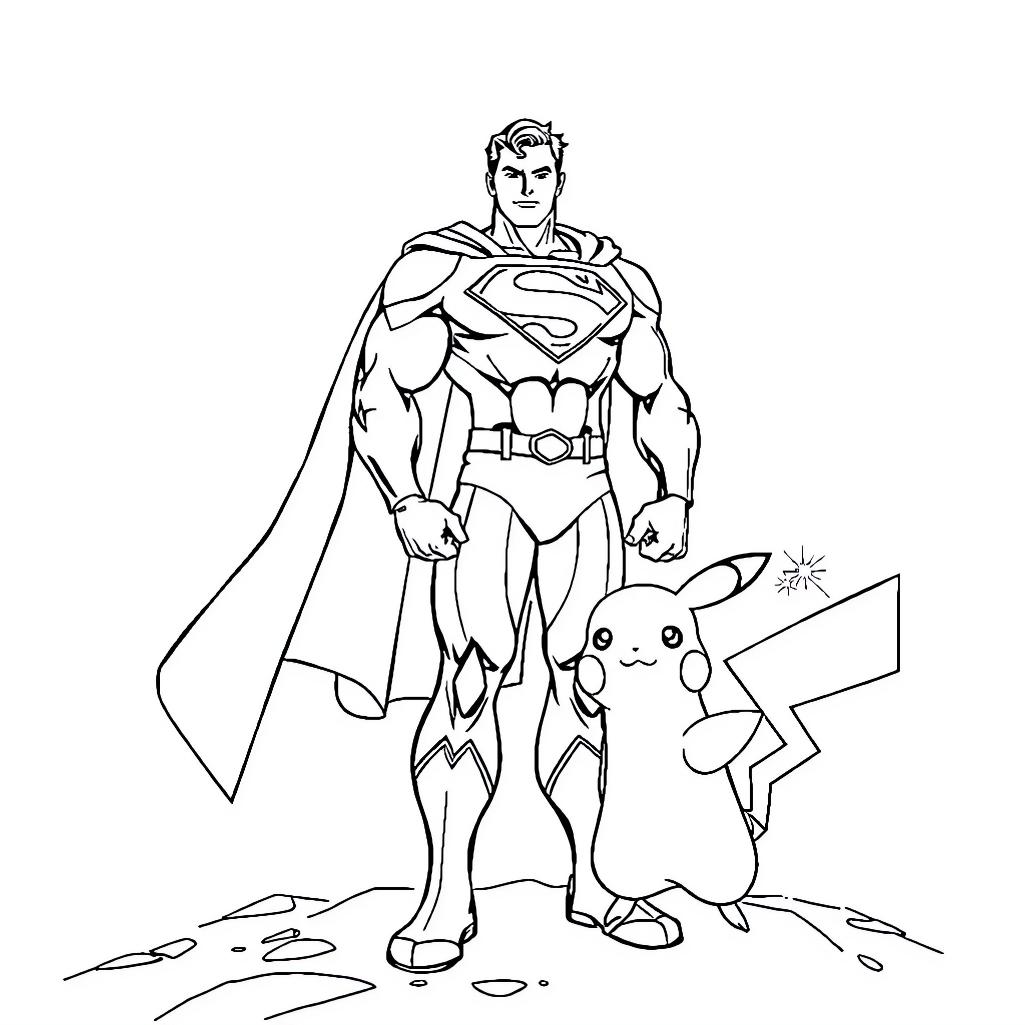 Superman standing with Pikachu in the field Coloring Page (free black-and-white line drawing printable PDF for all, from beginners to advanced learners, including children, teens, adults, and seniors)