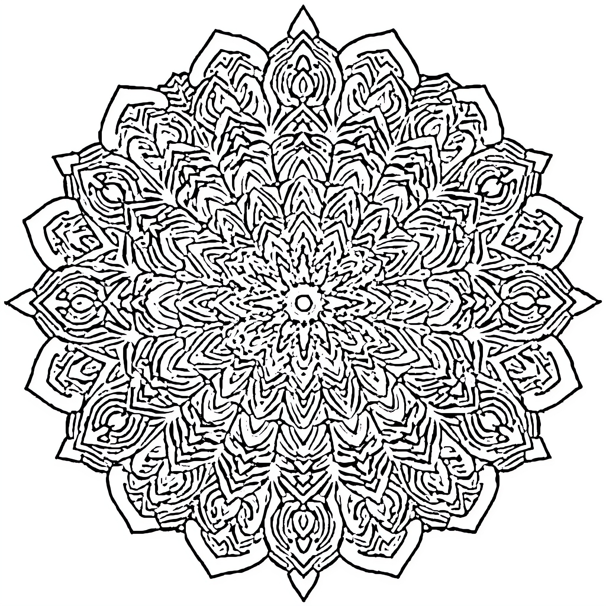 Mandala of intricate geometric patterns Coloring Page (free black-and-white line drawing printable PDF for all, from beginners to advanced learners, including children, teens, adults, and seniors)