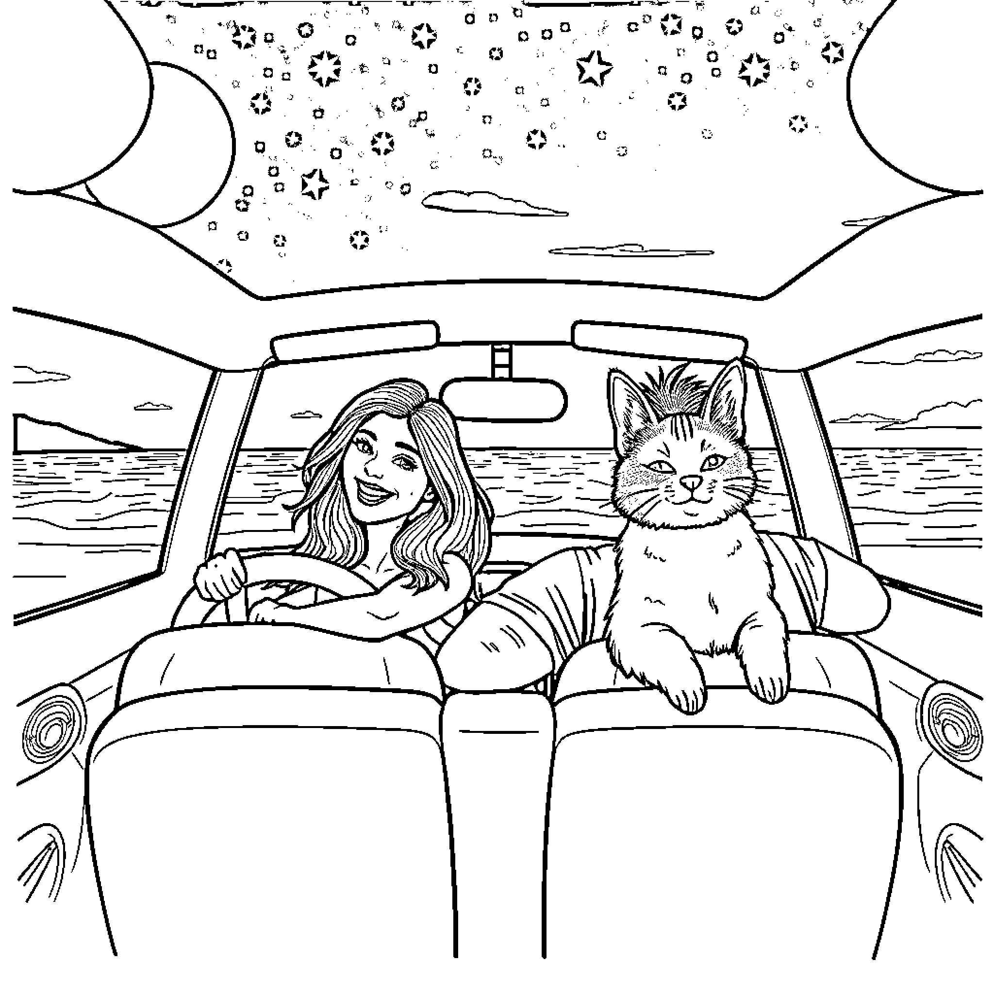Couple enjoying a scenic night drive with their pet Coloring Page (free black-and-white line drawing printable PDF for all, from beginners to advanced learners, including children, teens, adults, and seniors)