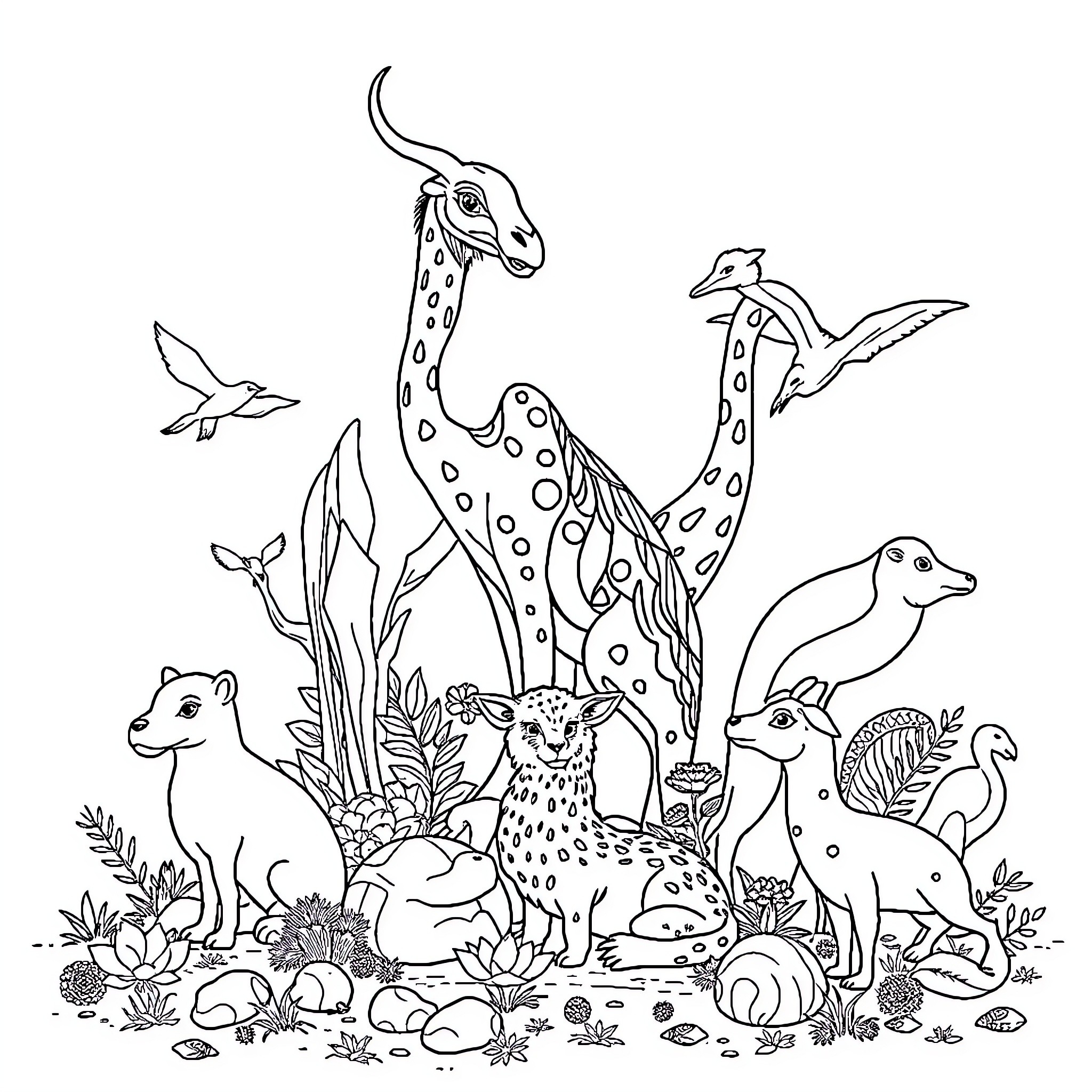 Animal gathering in the wild forest Coloring Page (free black-and-white line drawing printable PDF for all, from beginners to advanced learners, including children, teens, adults, and seniors)