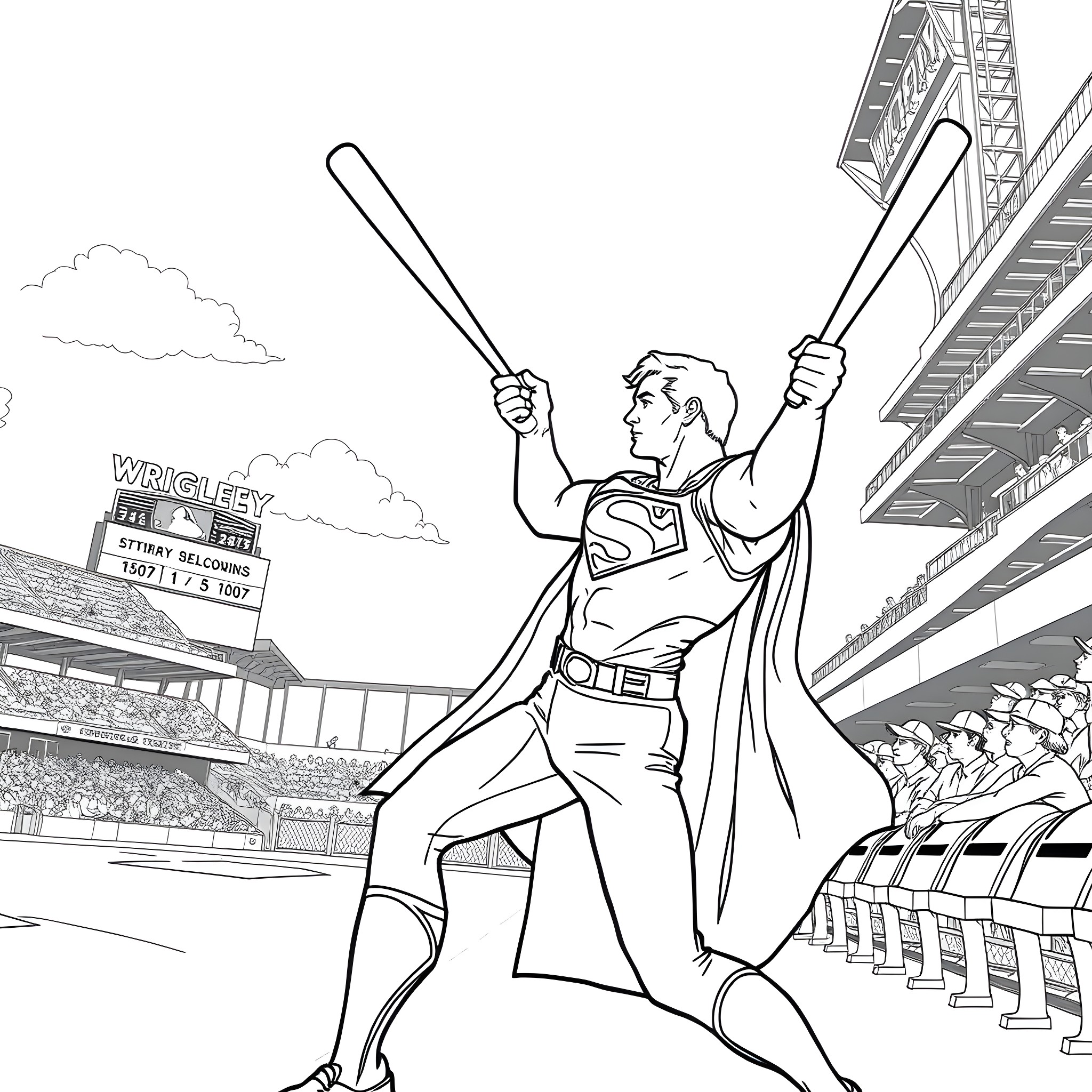 Superman playing baseball in the stadium Coloring Page (free black-and-white line drawing printable PDF for all, from beginners to advanced learners, including children, teens, adults, and seniors)