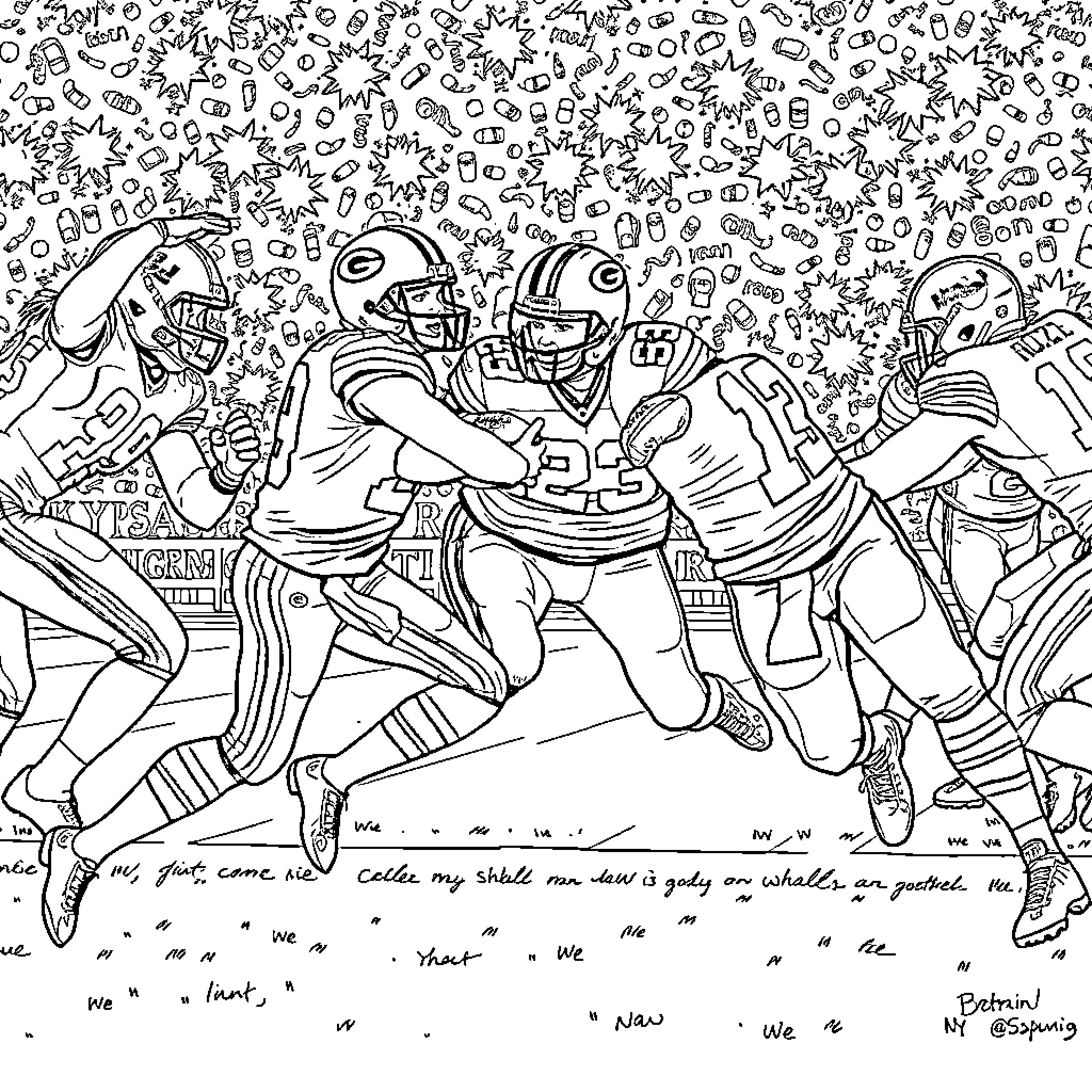 Football players in action on the field Coloring Page (free black-and-white line drawing printable PDF for all, from beginners to advanced learners, including children, teens, adults, and seniors)