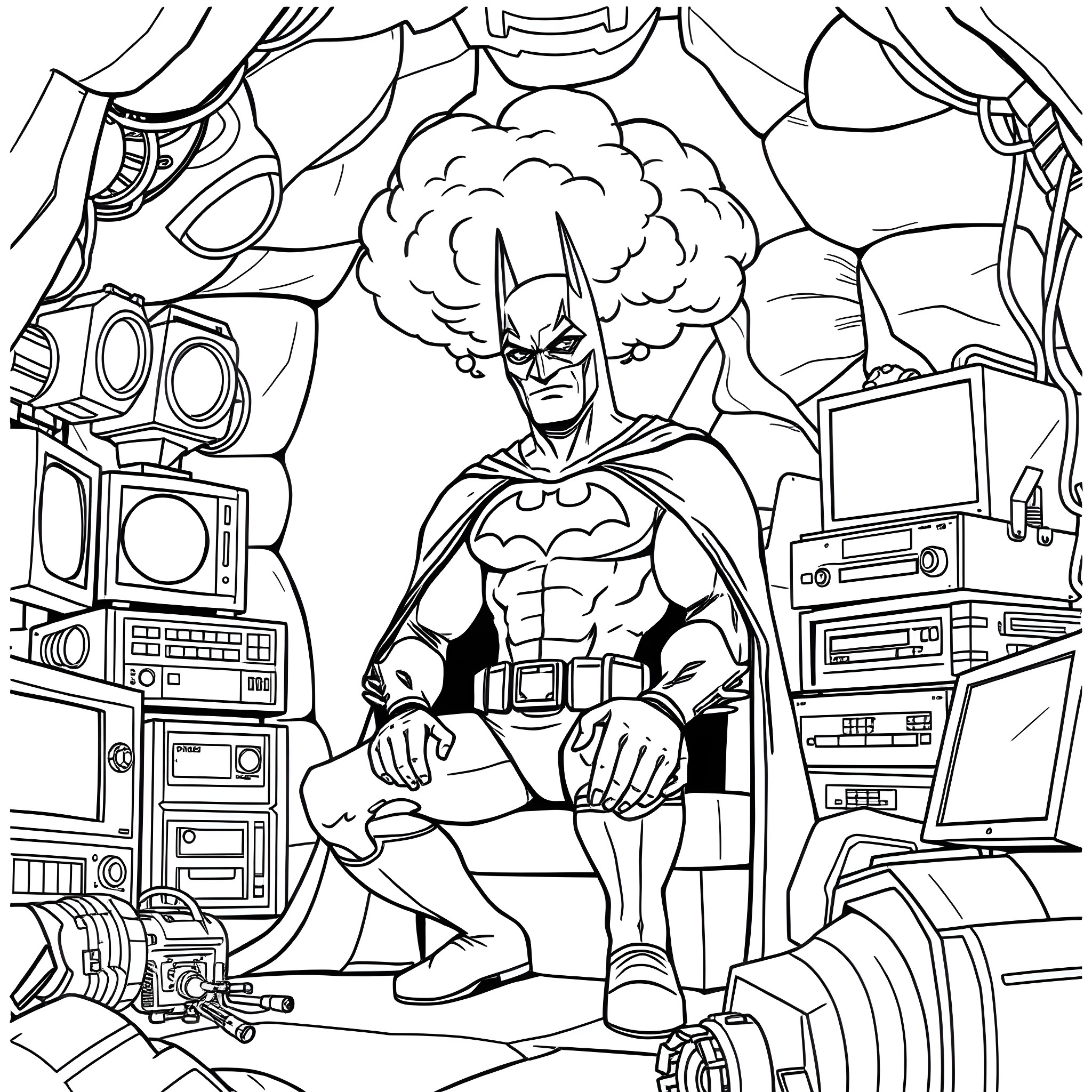 Batman confronting technological obstacles in action-packed setting Coloring Page (free black-and-white line drawing printable PDF for all, from beginners to advanced learners, including children, teens, adults, and seniors)