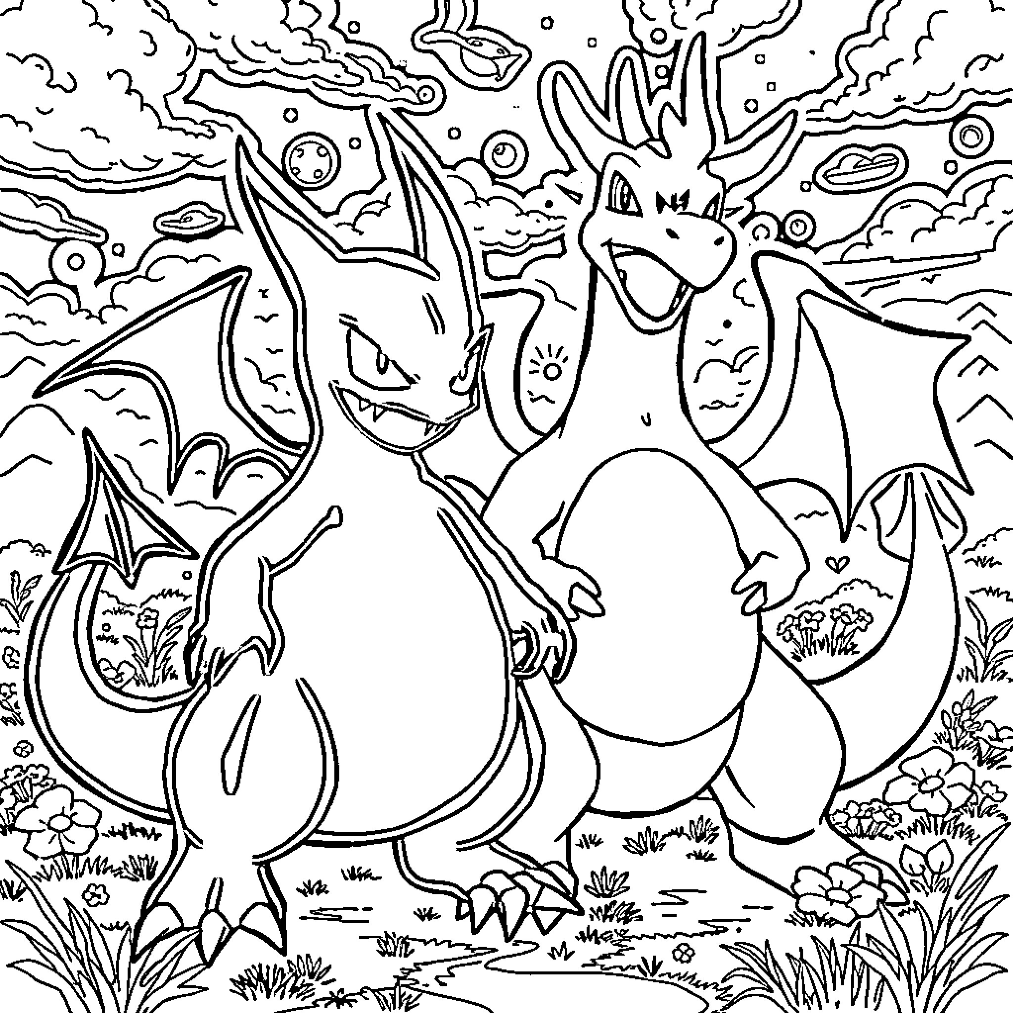 Gengar and Ghastly gather in a spooky scene Coloring Page (free black-and-white line drawing printable PDF for all, from beginners to advanced learners, including children, teens, adults, and seniors)