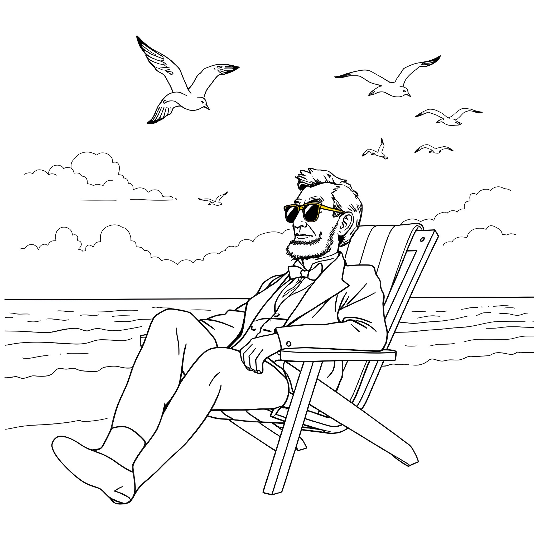 Abraham Lincoln relaxing on the beach with seagulls Coloring Page (free black-and-white line drawing printable PDF for all, from beginners to advanced learners, including children, teens, adults, and seniors)