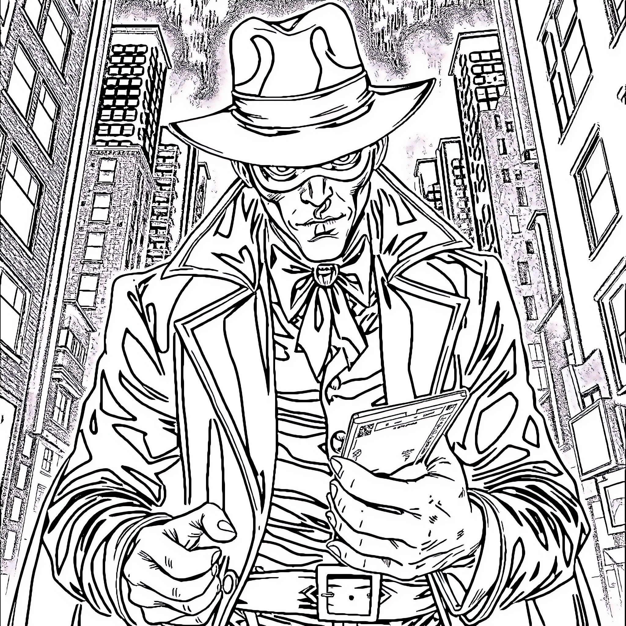 Riddler in the City, Unraveling the Mystery Coloring Page (free black-and-white line drawing printable PDF for all, from beginners to advanced learners, including children, teens, adults, and seniors)