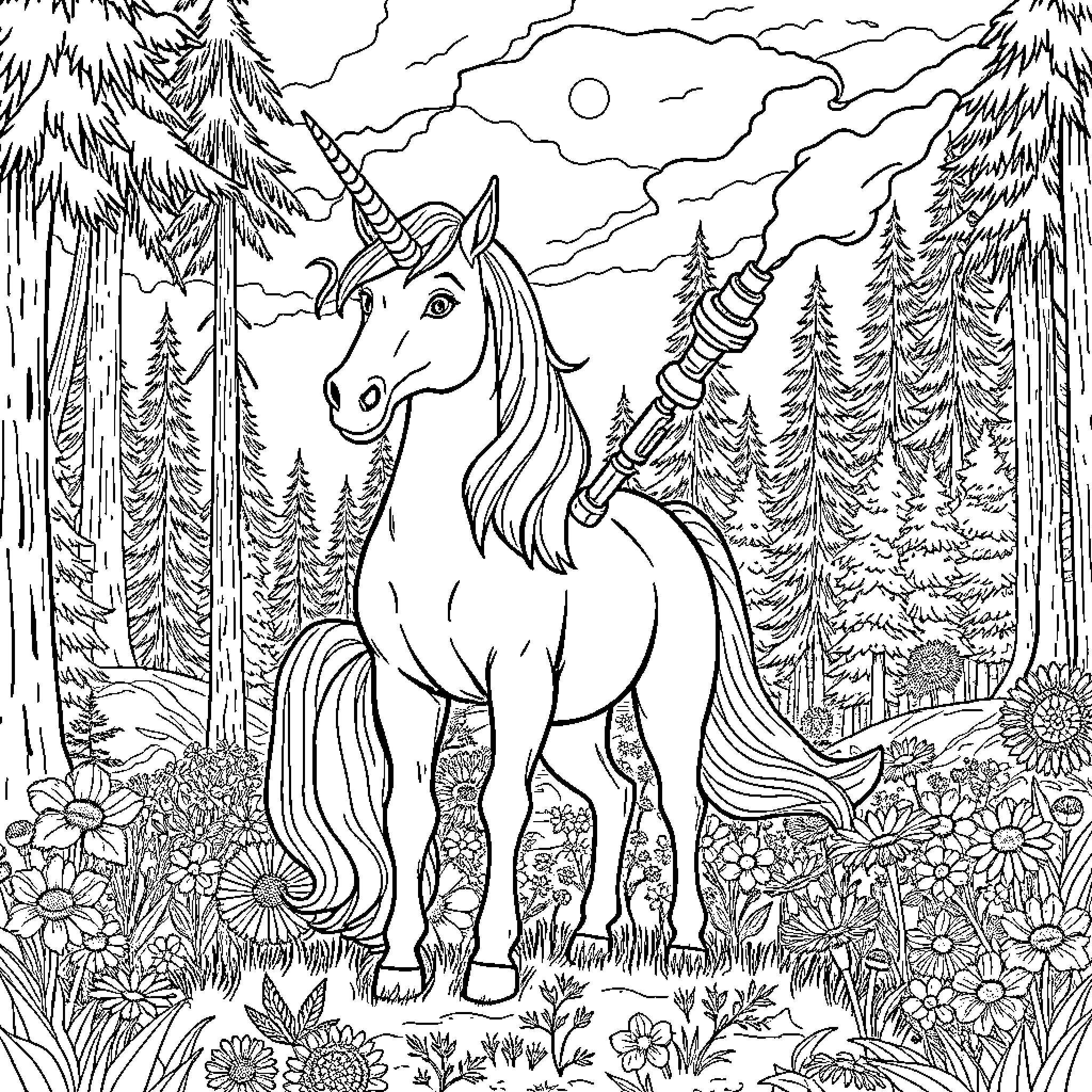 Unicorn standing majestically in enchanted forest Coloring Page (free black-and-white line drawing printable PDF for all, from beginners to advanced learners, including children, teens, adults, and seniors)