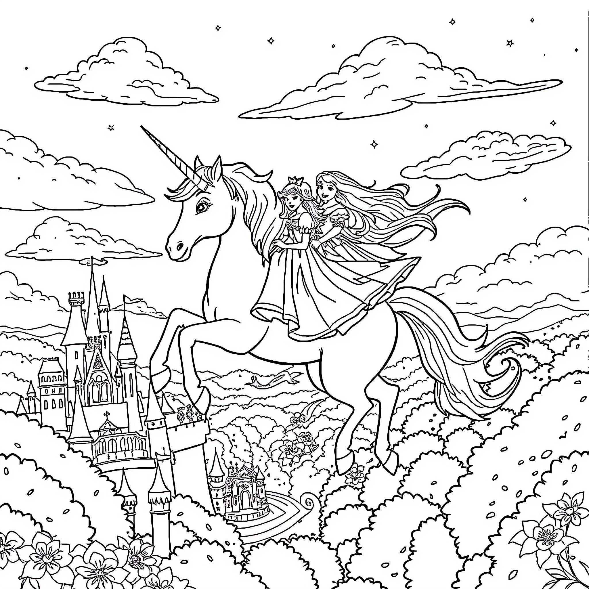 Unicorn and Princess Riding Through Enchanted Kingdom Coloring Page (free black-and-white line drawing printable PDF for all, from beginners to advanced learners, including children, teens, adults, and seniors)