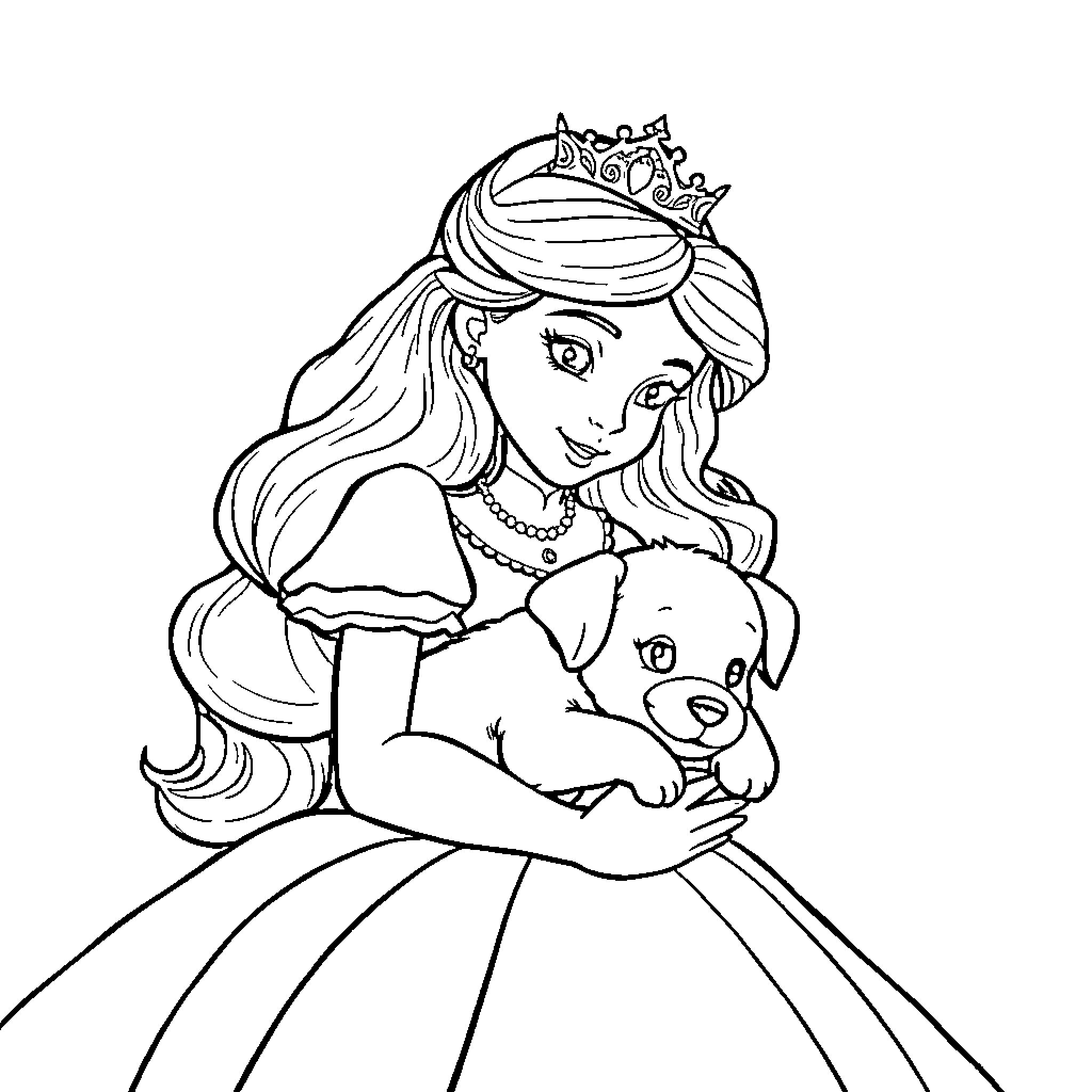 Princess Embracing a Lovable Puppy Coloring Page (free black-and-white line drawing printable PDF for all, from beginners to advanced learners, including children, teens, adults, and seniors)