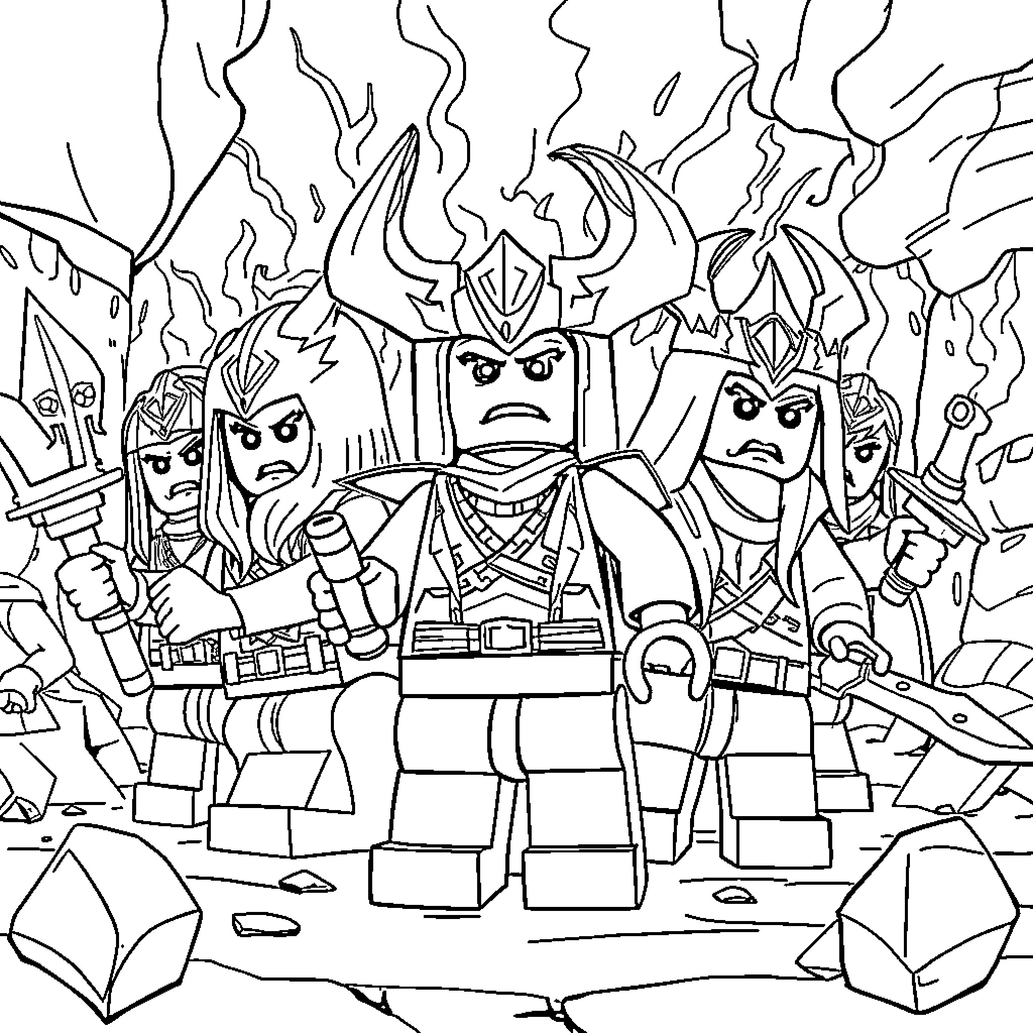 Demon Slayer Characters in Action Coloring Page (free black-and-white line drawing printable PDF for all, from beginners to advanced learners, including children, teens, adults, and seniors)