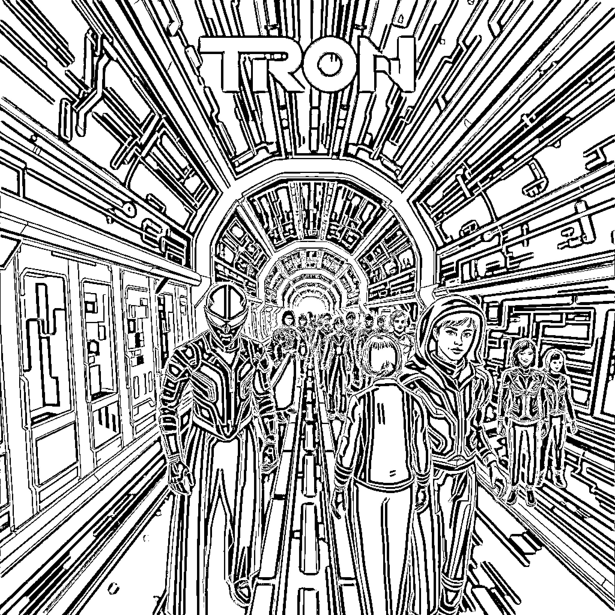 Tron: Futuristic characters in a digital world Coloring Page (free black-and-white line drawing printable PDF for all, from beginners to advanced learners, including children, teens, adults, and seniors)