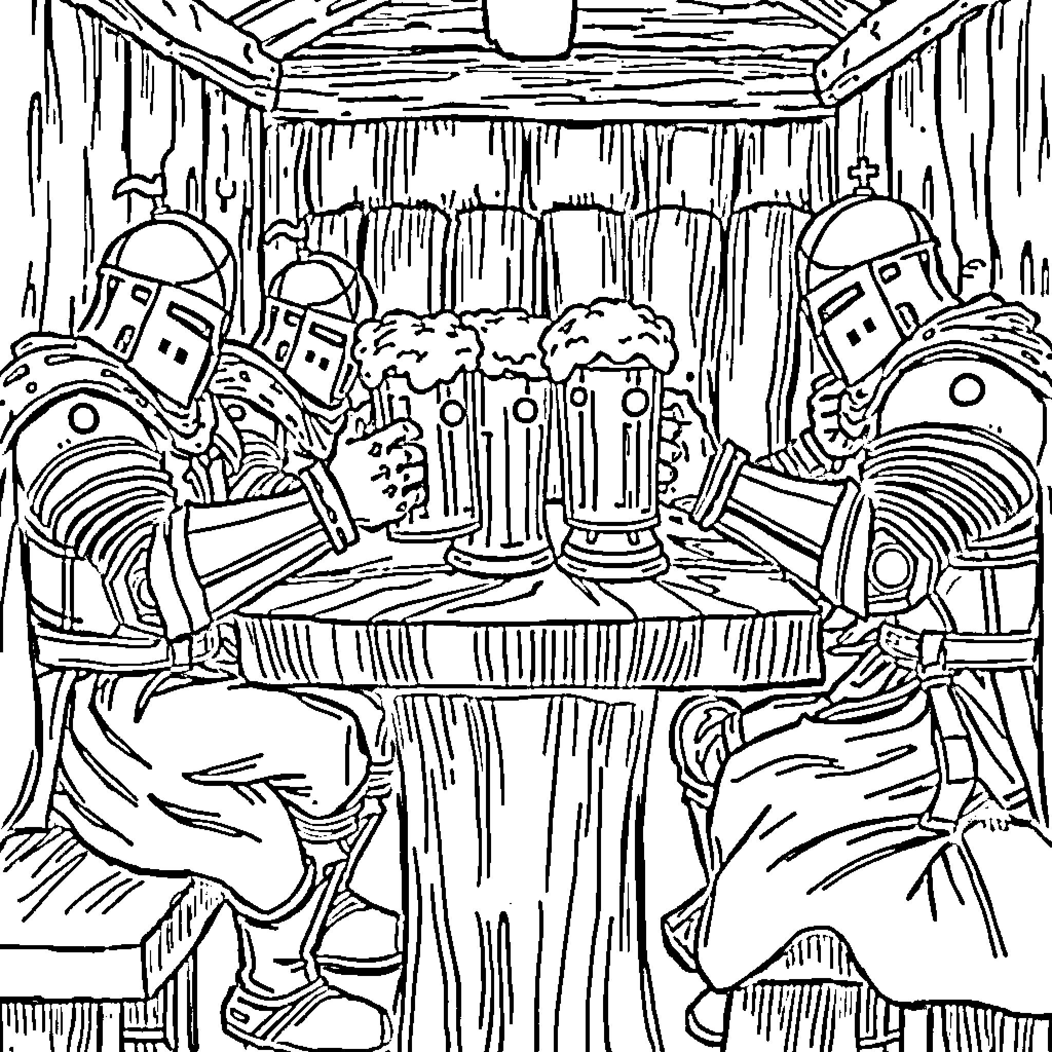 Knight warriors enjoying a feast in a grand hall Coloring Page (free black-and-white line drawing printable PDF for all, from beginners to advanced learners, including children, teens, adults, and seniors)