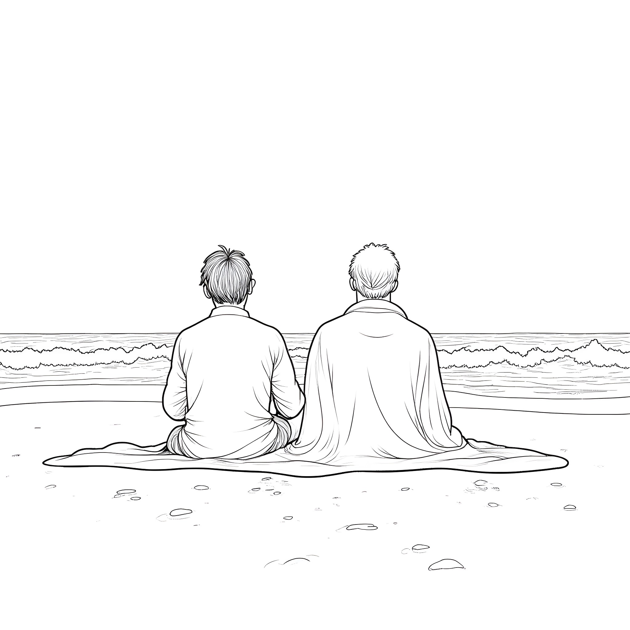 Lord Voldemort and companion in pensive contemplation by the shoreline Coloring Page (free black-and-white line drawing printable PDF for all, from beginners to advanced learners, including children, teens, adults, and seniors)