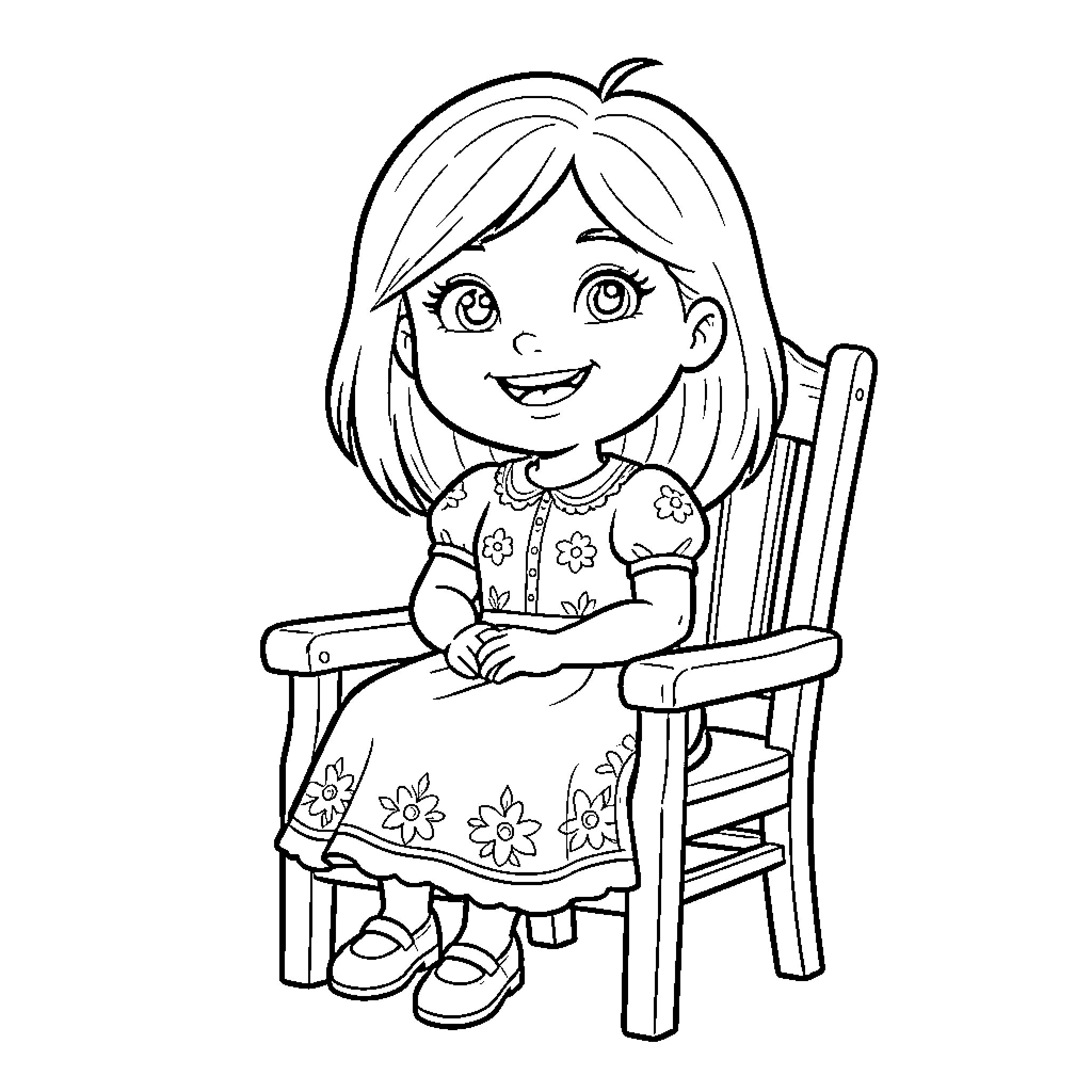 Masha sitting happily on a chair Coloring Page (free black-and-white line drawing printable PDF for all, from beginners to advanced learners, including children, teens, adults, and seniors)