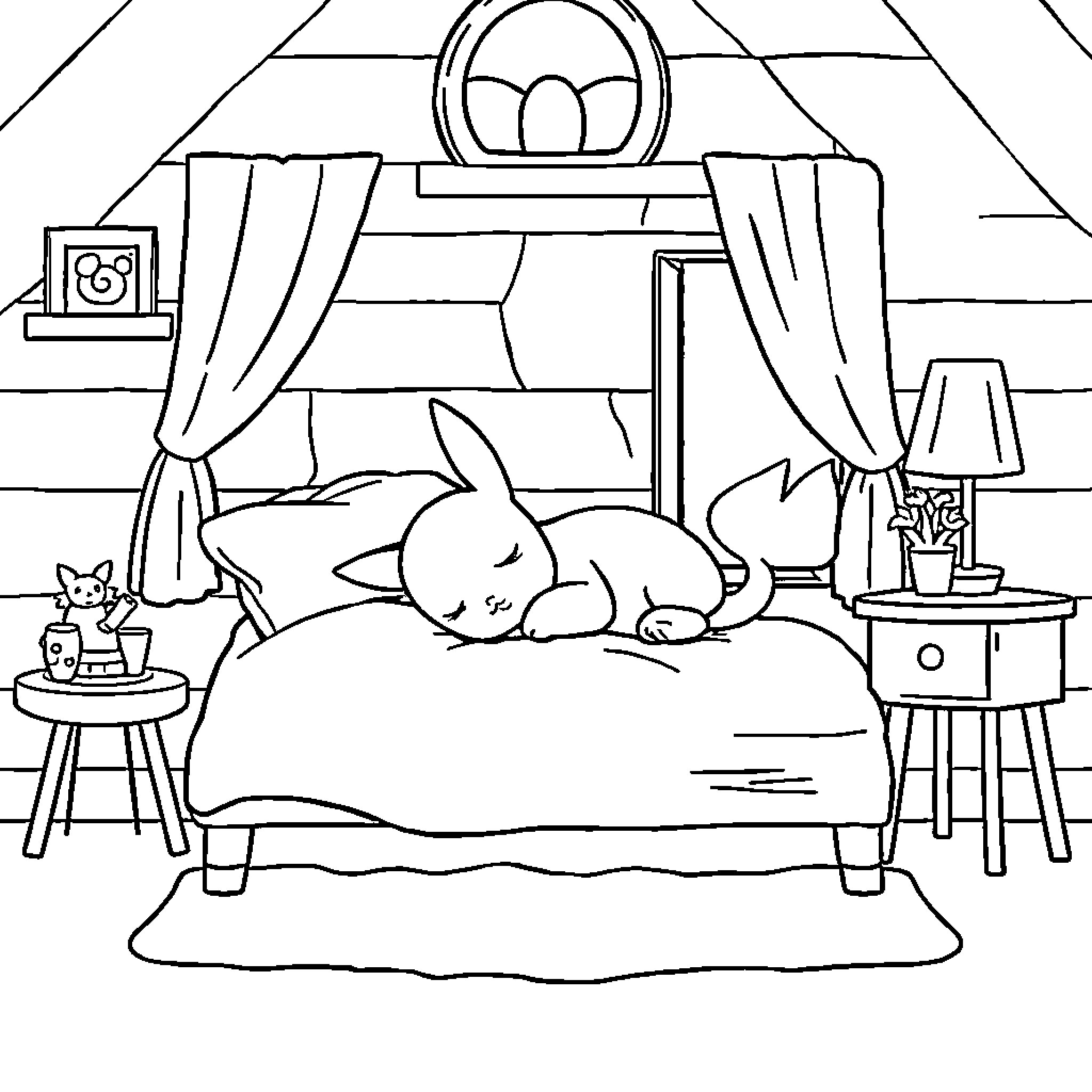 Pokémon Sleeping Peacefully in Cozy Bedroom Coloring Page (free black-and-white line drawing printable PDF for all, from beginners to advanced learners, including children, teens, adults, and seniors)