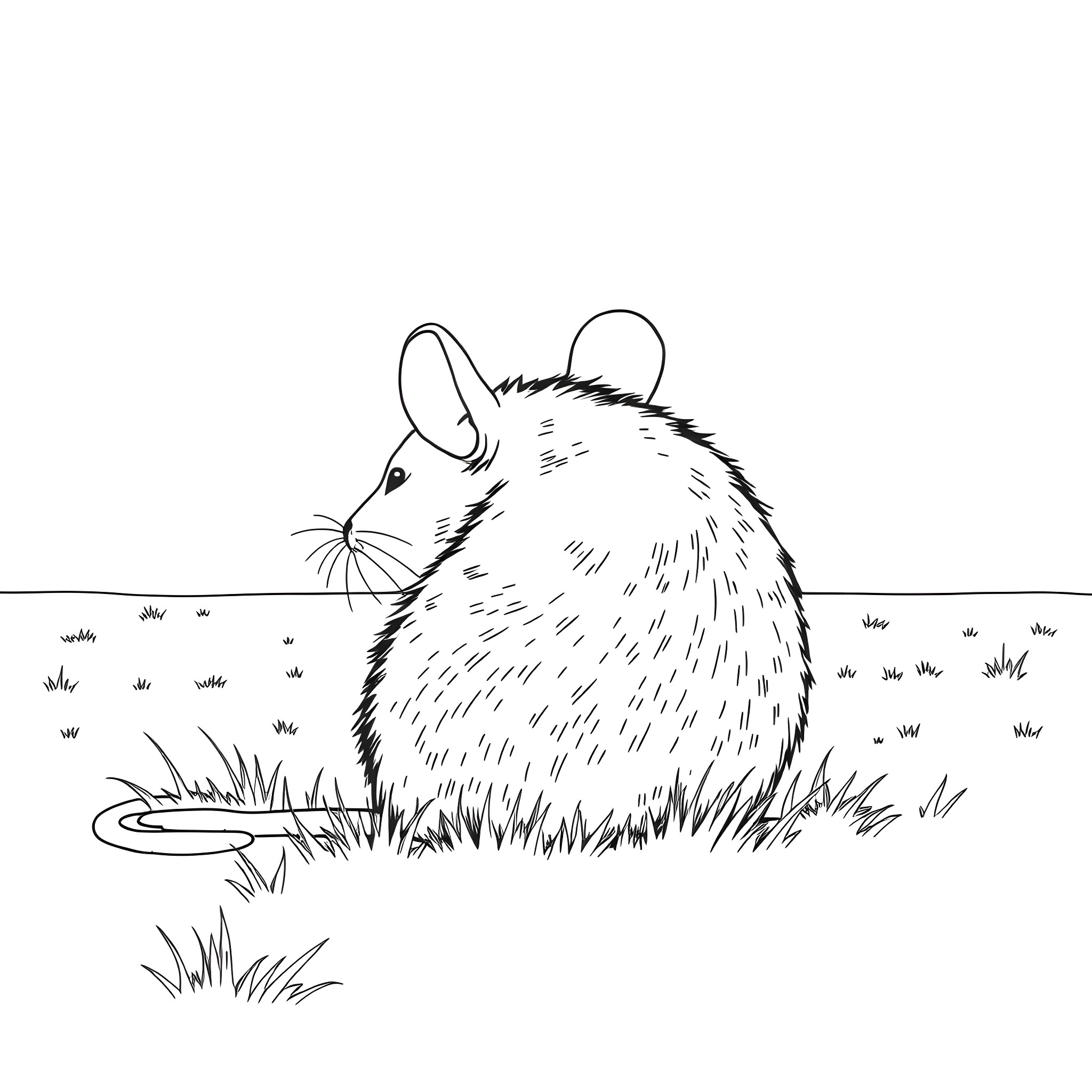 Mouse sitting in the grass Coloring Page (free black-and-white line drawing printable PDF for all, from beginners to advanced learners, including children, teens, adults, and seniors)