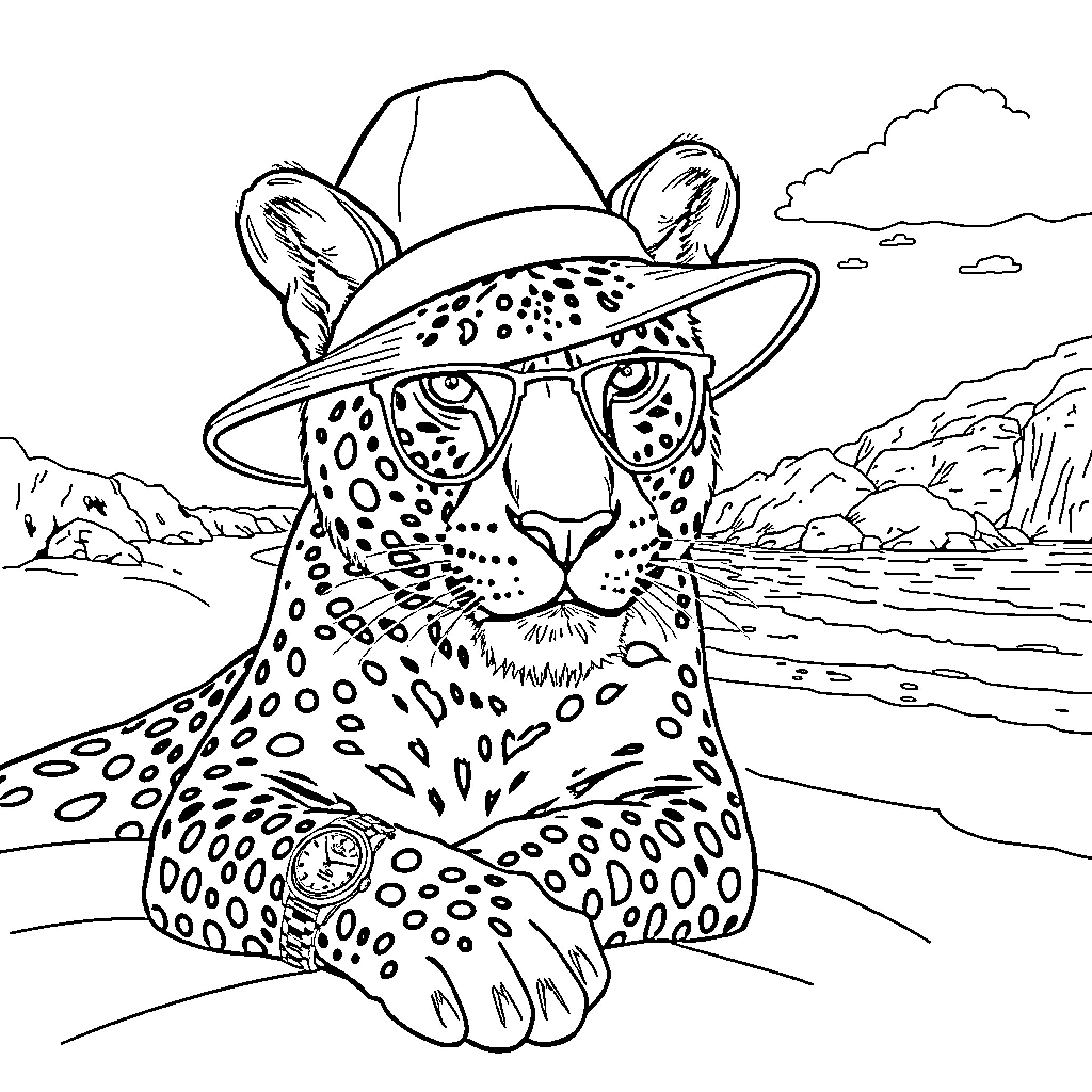 Leopard in Sunglasses Enjoying Scenic Landscape Coloring Page (free black-and-white line drawing printable PDF for all, from beginners to advanced learners, including children, teens, adults, and seniors)