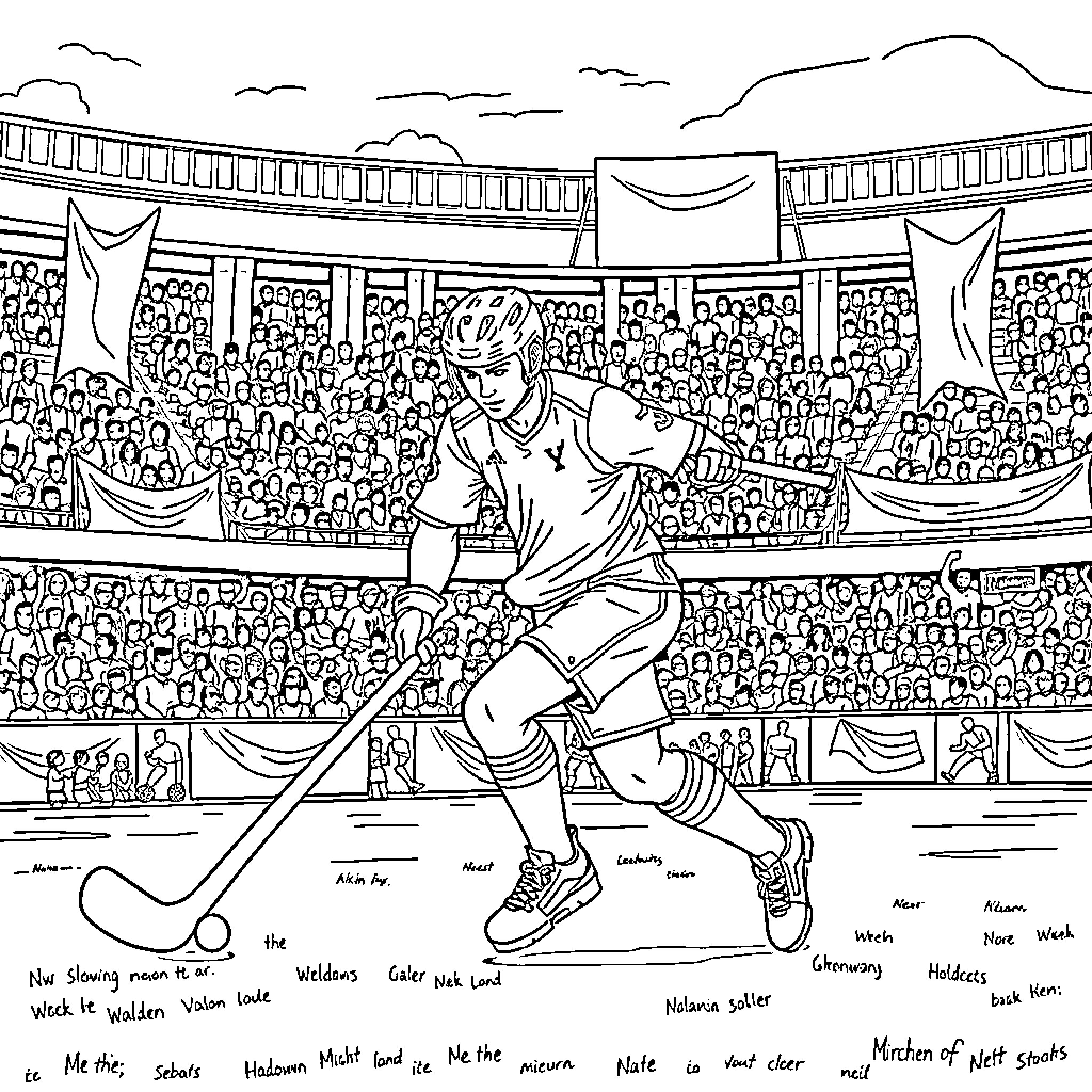 Unihockey Player Competing in High-Stakes Tournament Coloring Page (free black-and-white line drawing printable PDF for all, from beginners to advanced learners, including children, teens, adults, and seniors)