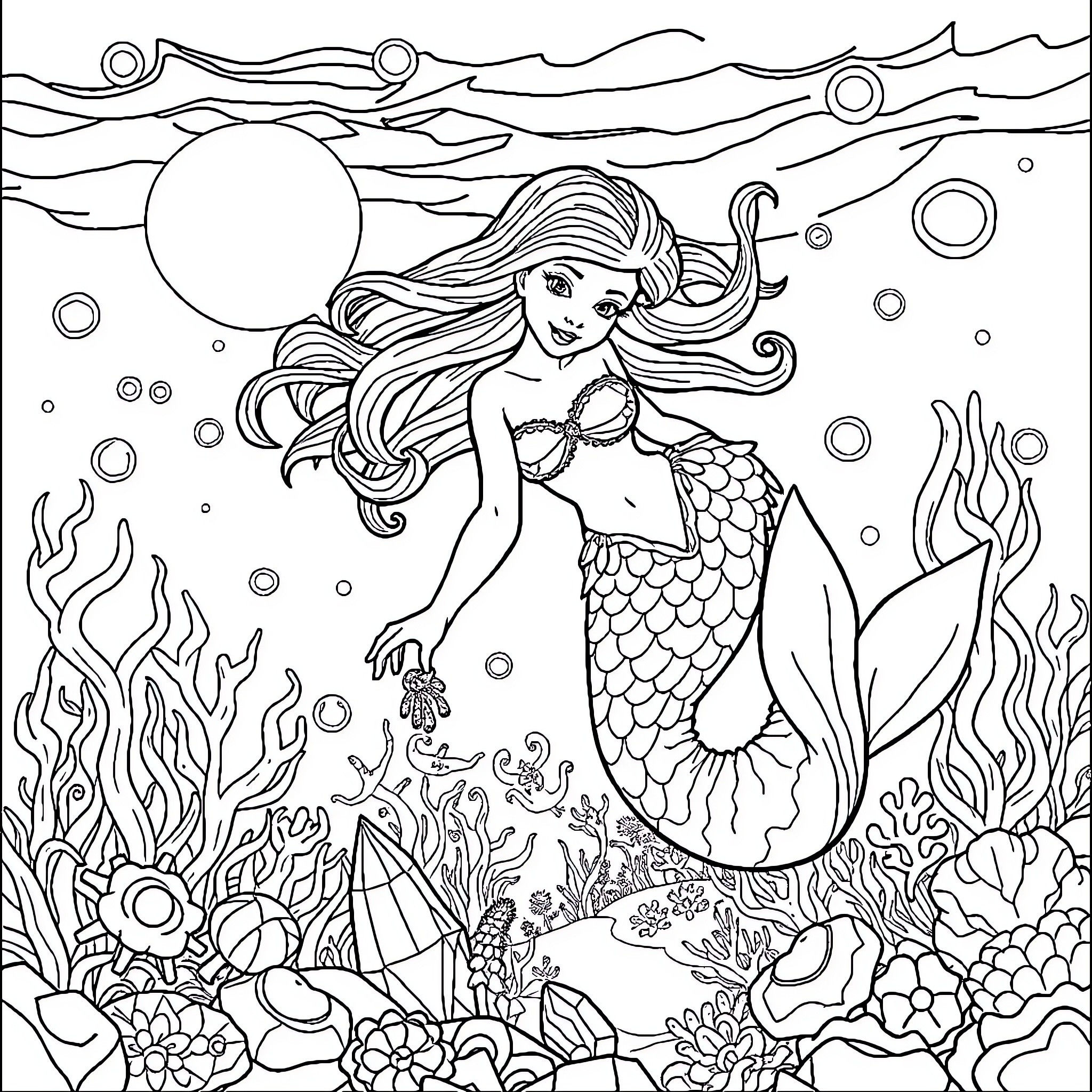 Mermaid exploring the underwater world Coloring Page (free black-and-white line drawing printable PDF for all, from beginners to advanced learners, including children, teens, adults, and seniors)