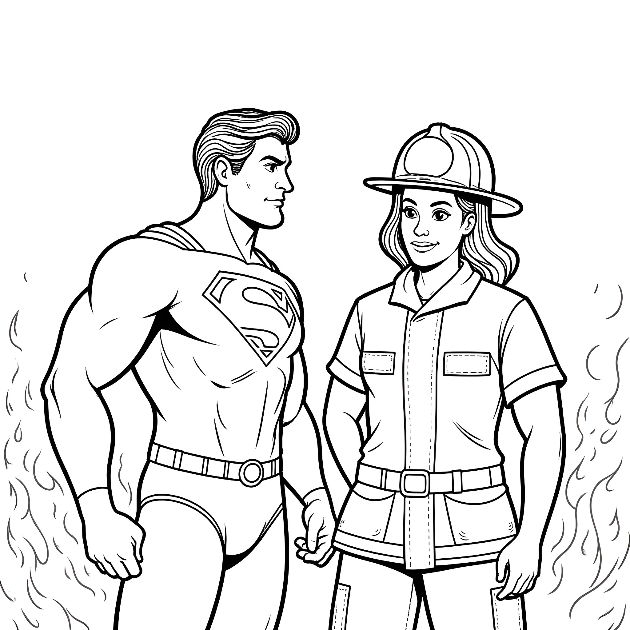 Fireman and female firefighter stand ready for action Coloring Page (free black-and-white line drawing printable PDF for all, from beginners to advanced learners, including children, teens, adults, and seniors)