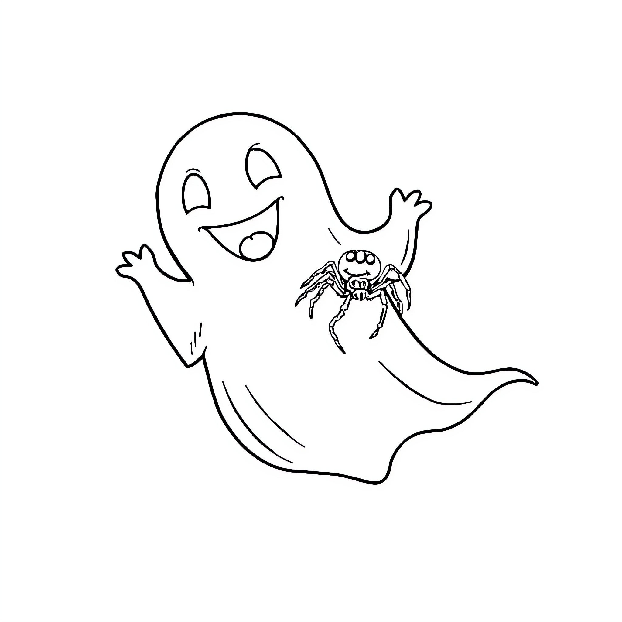 Ghost playing happily with spider friend Coloring Page (free black-and-white line drawing printable PDF for all, from beginners to advanced learners, including children, teens, adults, and seniors)