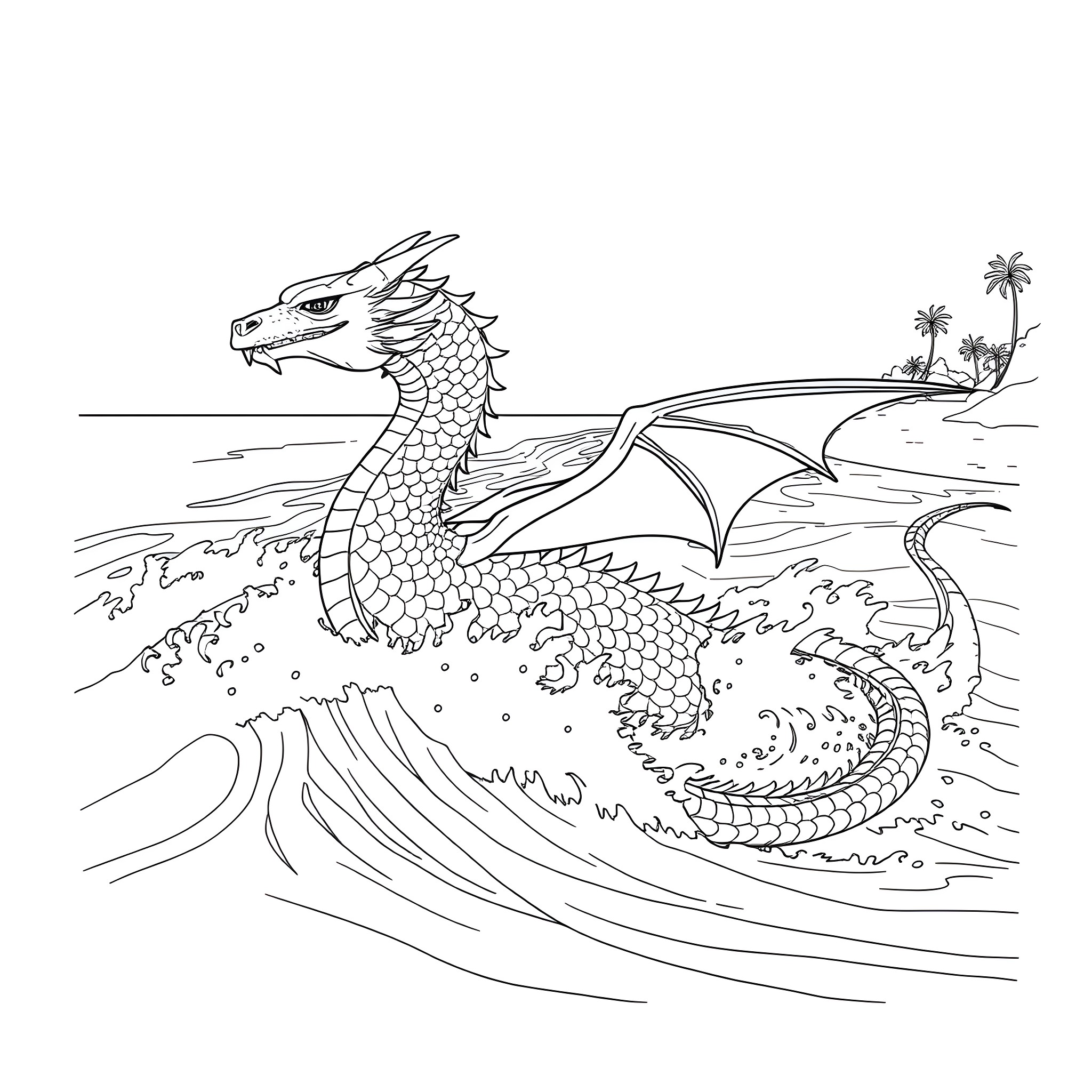 Dragon soaring over tropical seascape Coloring Page (free black-and-white line drawing printable PDF for all, from beginners to advanced learners, including children, teens, adults, and seniors)