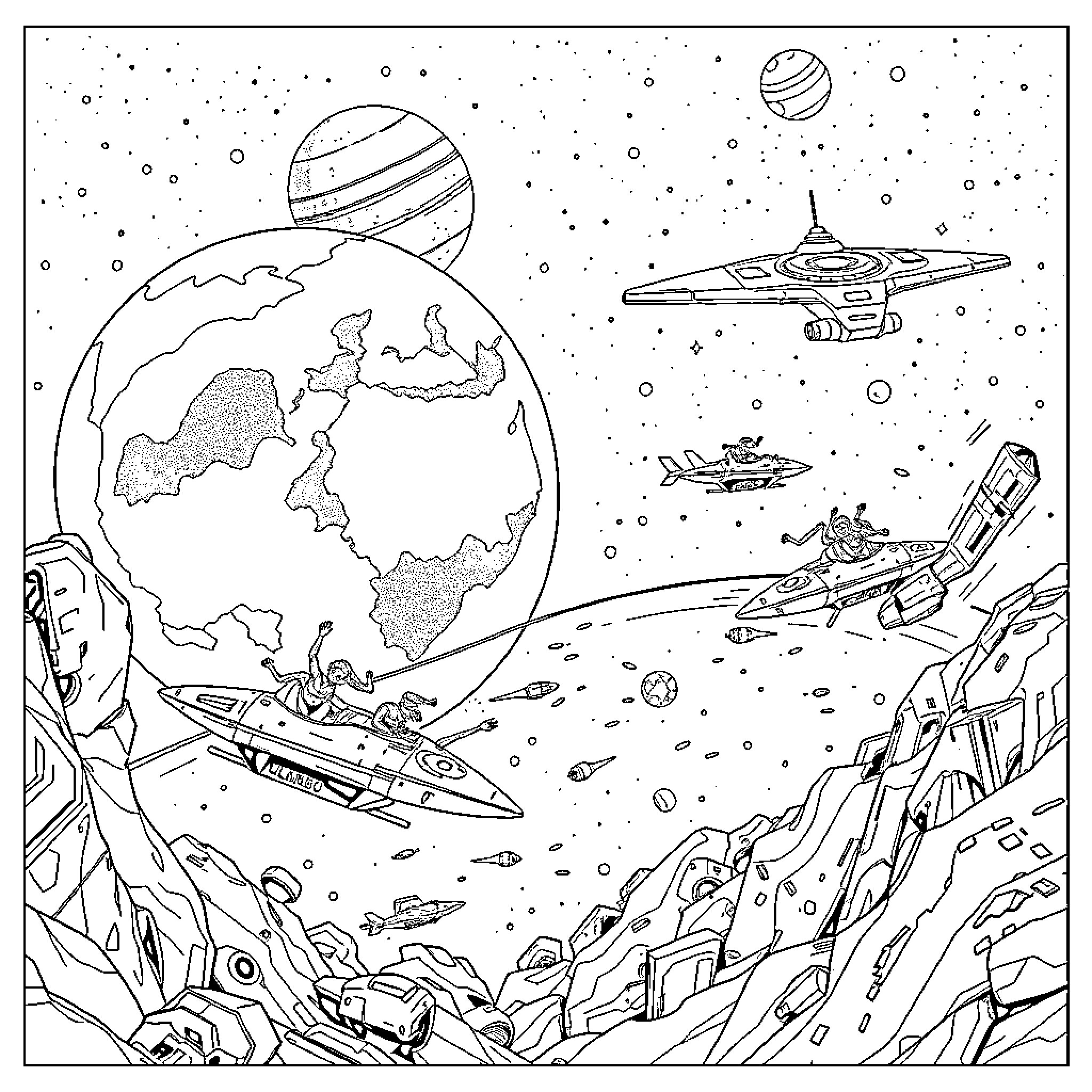 Mars Exploration in the Vast Cosmic Landscape Coloring Page (free black-and-white line drawing printable PDF for all, from beginners to advanced learners, including children, teens, adults, and seniors)