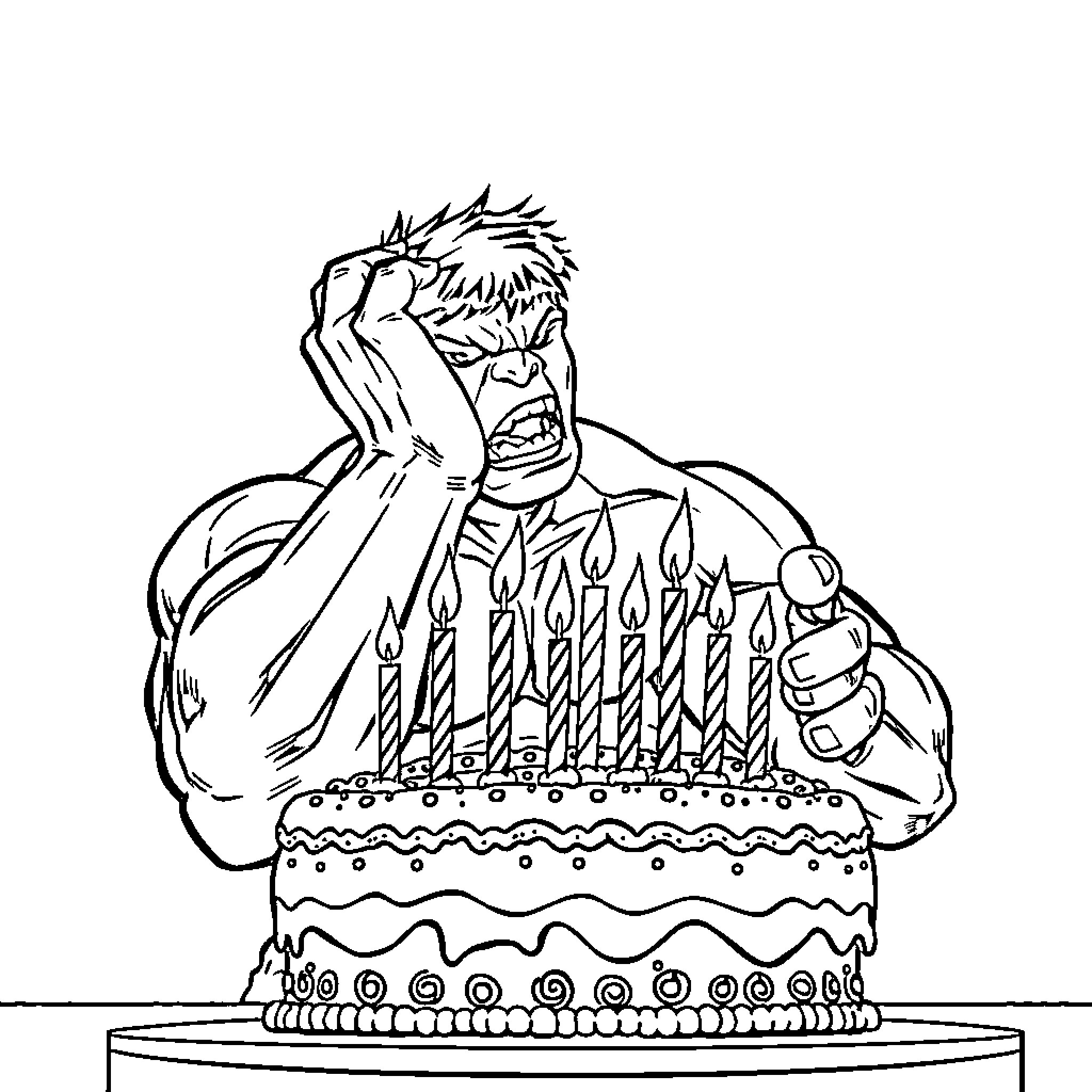 Hulk Smashes Birthday Cake with Enthusiasm Coloring Page (free black-and-white line drawing printable PDF for all, from beginners to advanced learners, including children, teens, adults, and seniors)