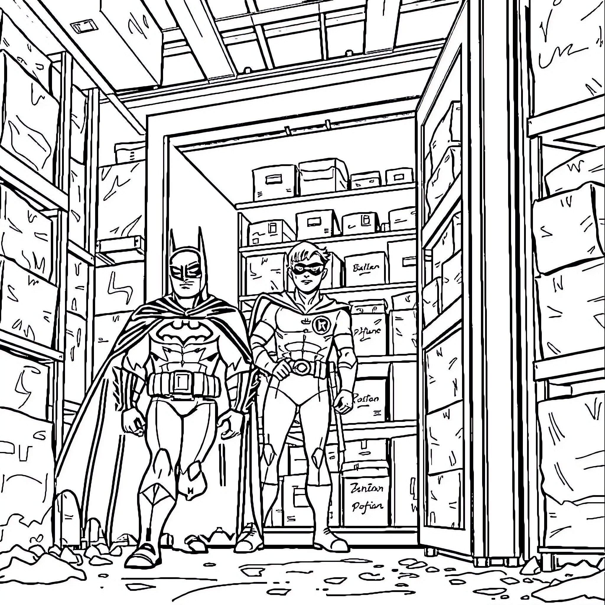 Batman and Robin Surveying a Warehouse Coloring Page (free black-and-white line drawing printable PDF for all, from beginners to advanced learners, including children, teens, adults, and seniors)