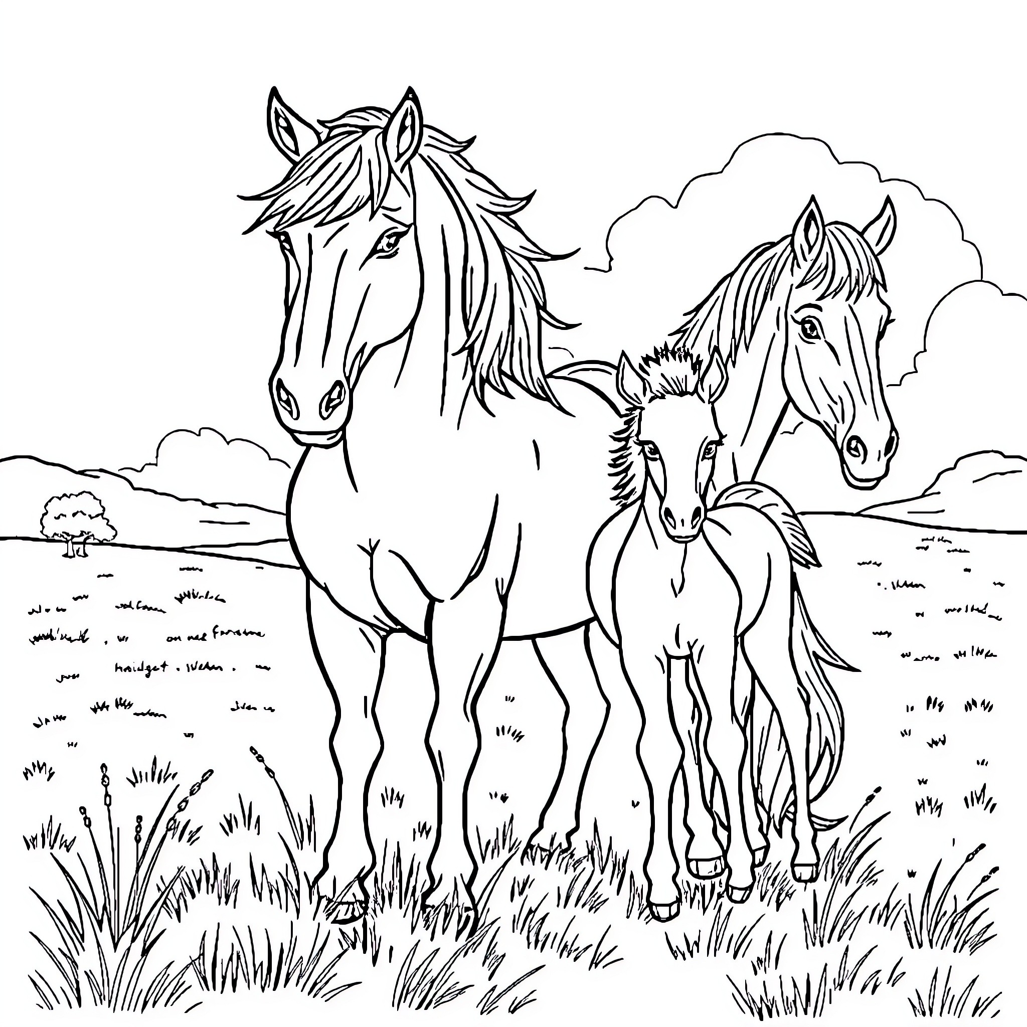 Horse Family Grazing in Meadow Coloring Page (free black-and-white line drawing printable PDF for all, from beginners to advanced learners, including children, teens, adults, and seniors)