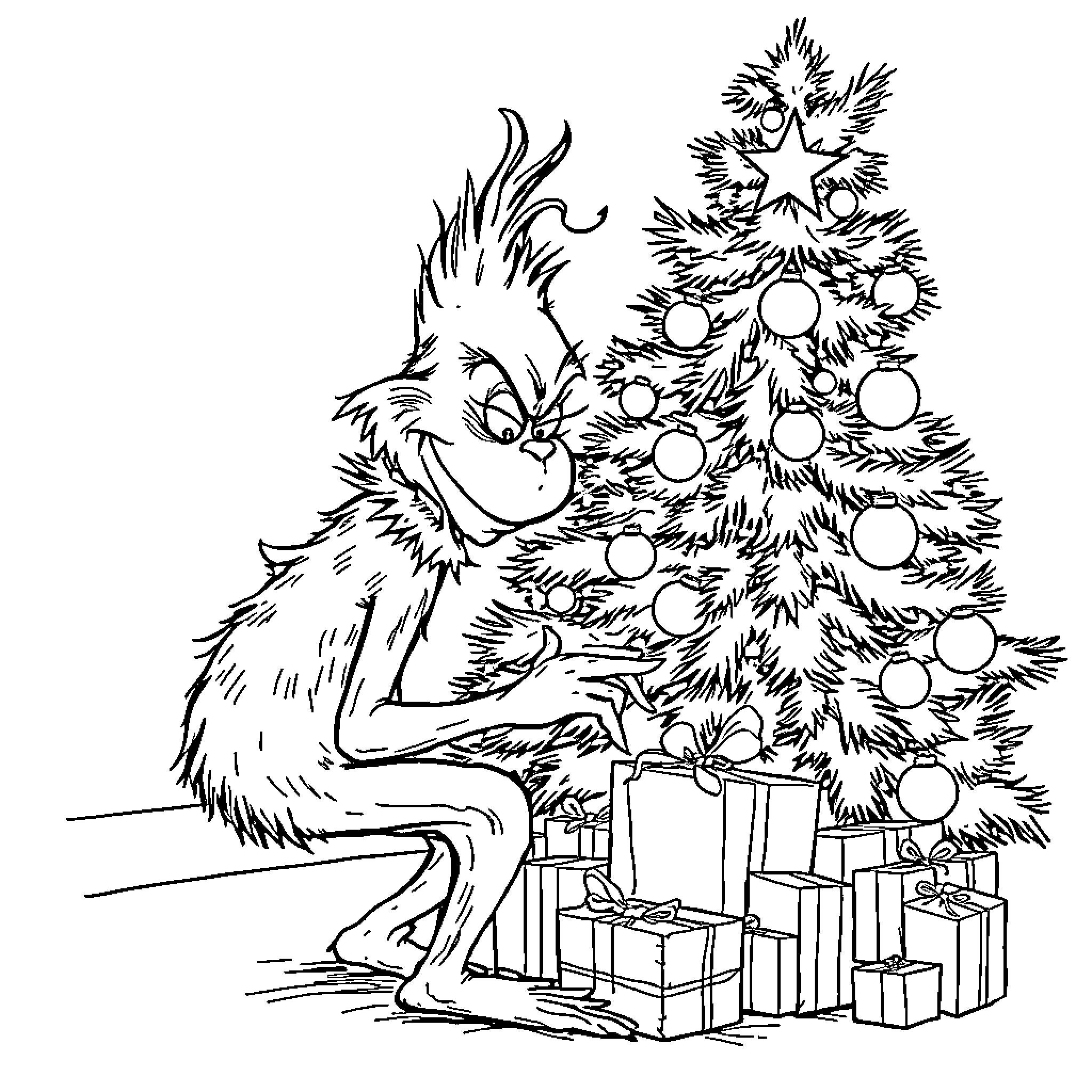 Grinch decorating Christmas tree with presents Coloring Page (free black-and-white line drawing printable PDF for all, from beginners to advanced learners, including children, teens, adults, and seniors)