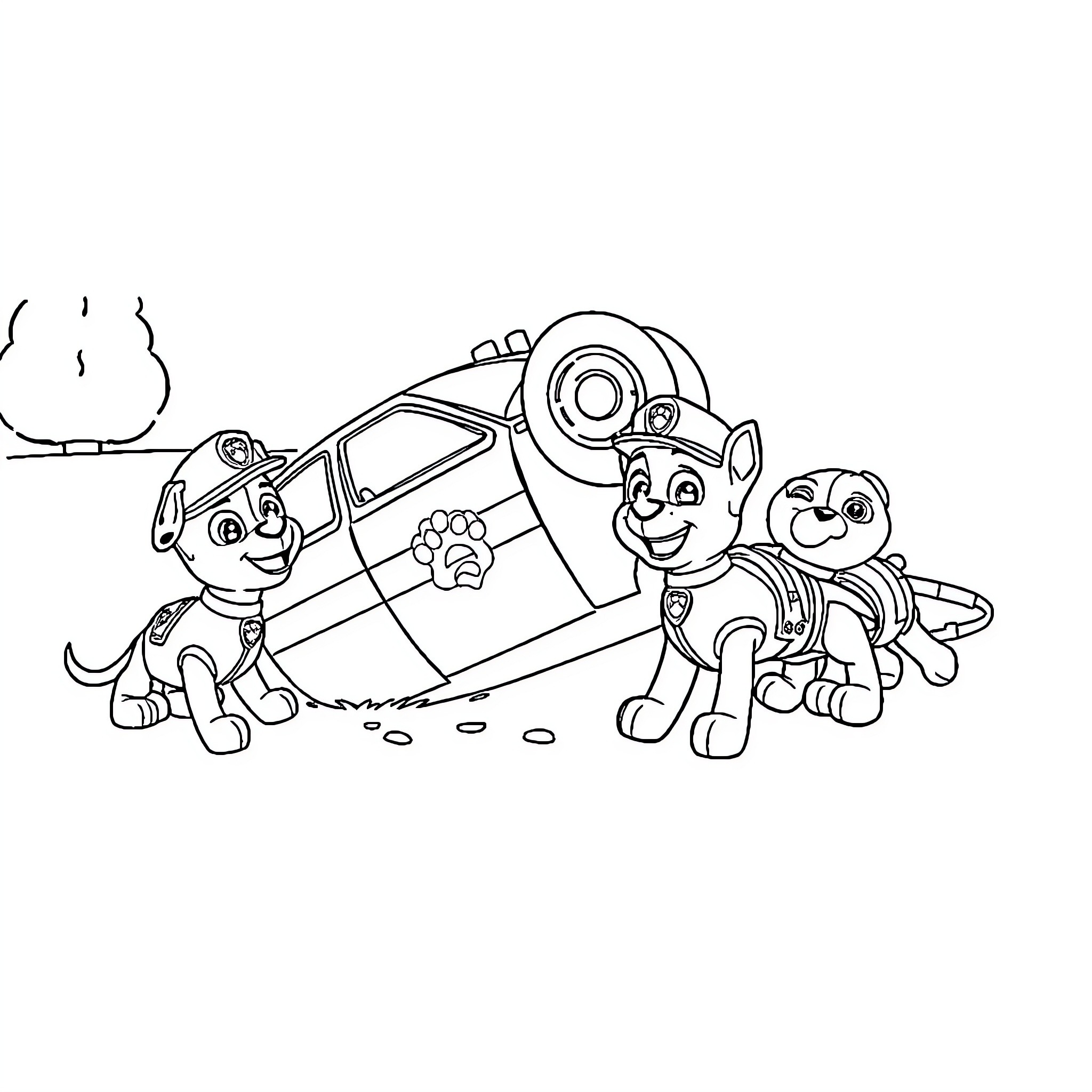 Paw Patrol characters exploring and investigating Coloring Page (free black-and-white line drawing printable PDF for all, from beginners to advanced learners, including children, teens, adults, and seniors)