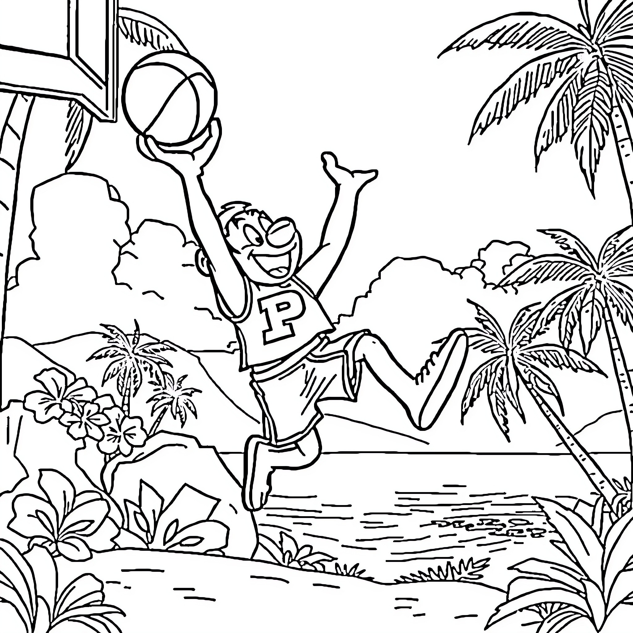 Purdue Pete enjoying a beach day Coloring Page (free black-and-white line drawing printable PDF for all, from beginners to advanced learners, including children, teens, adults, and seniors)